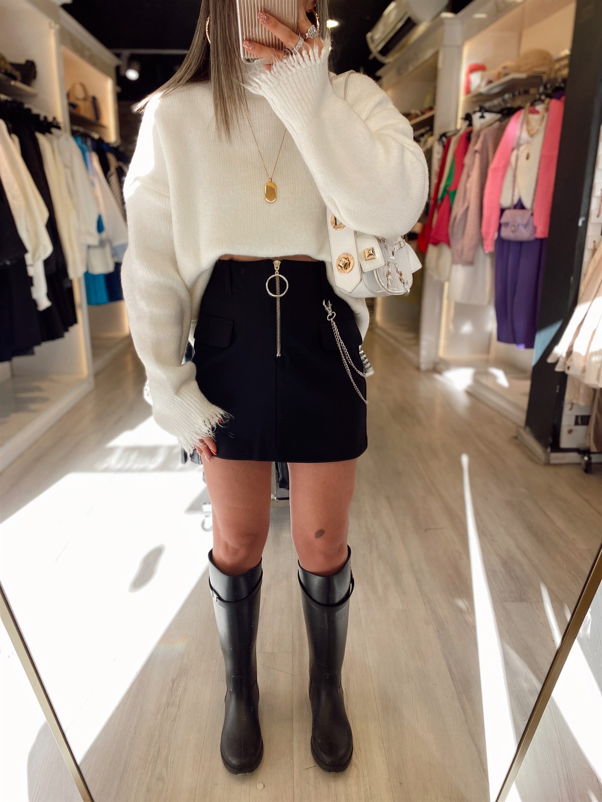 Siyah Zincirli Fermuarlı Etek 