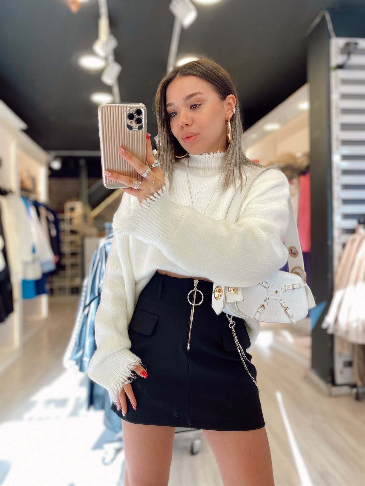 Siyah Zincirli Fermuarlı Etek 