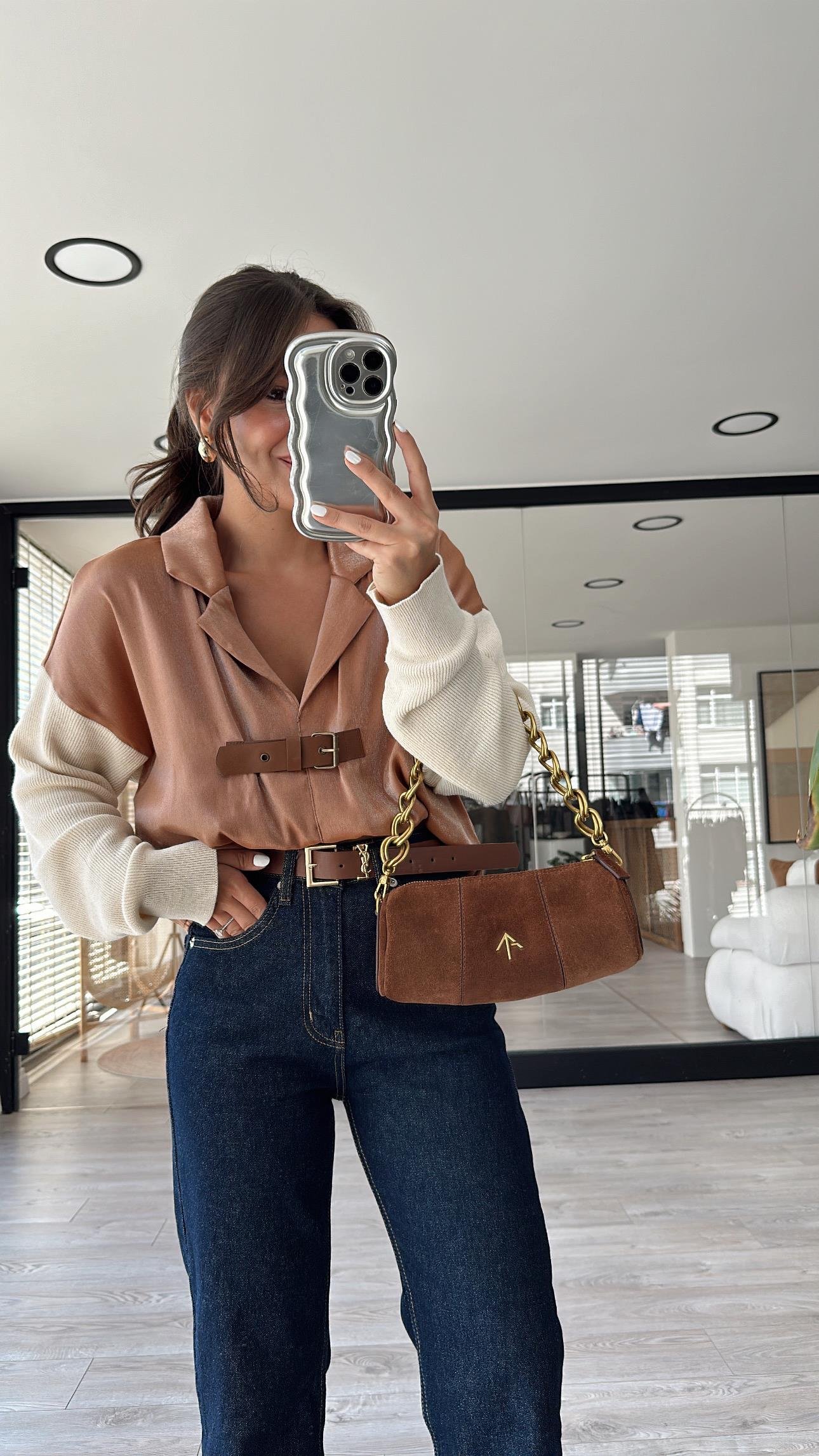 Taba Renk Kemer Detaylı Triko Kol Bluz 