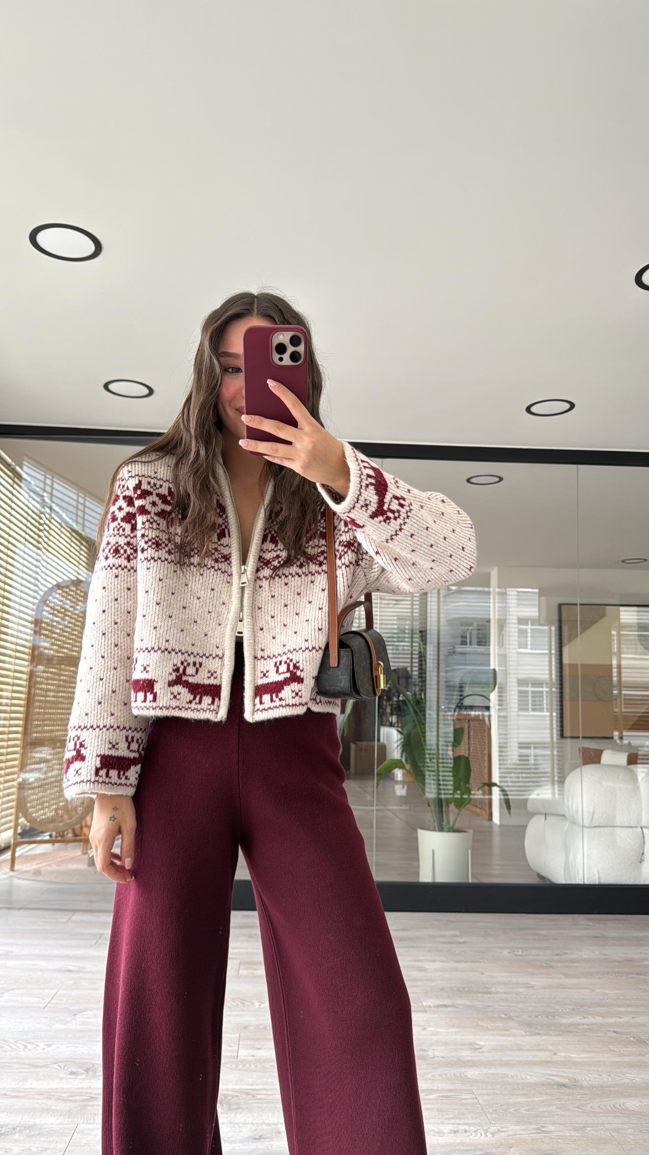 Taş Bordo Çift Fermuarlı Figürlü Triko Hırka