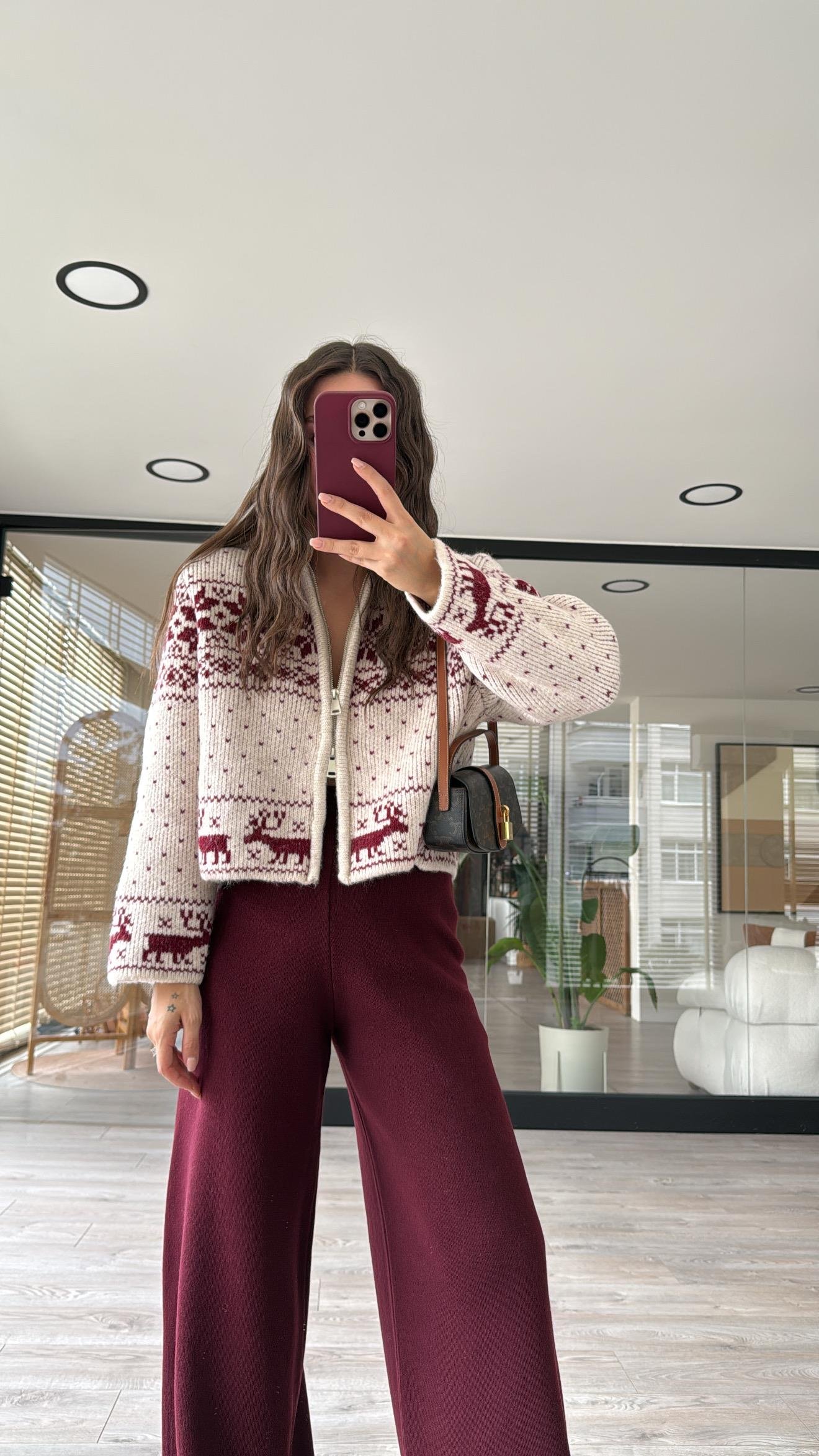 Taş Bordo Çift Fermuarlı Figürlü Triko Hırka