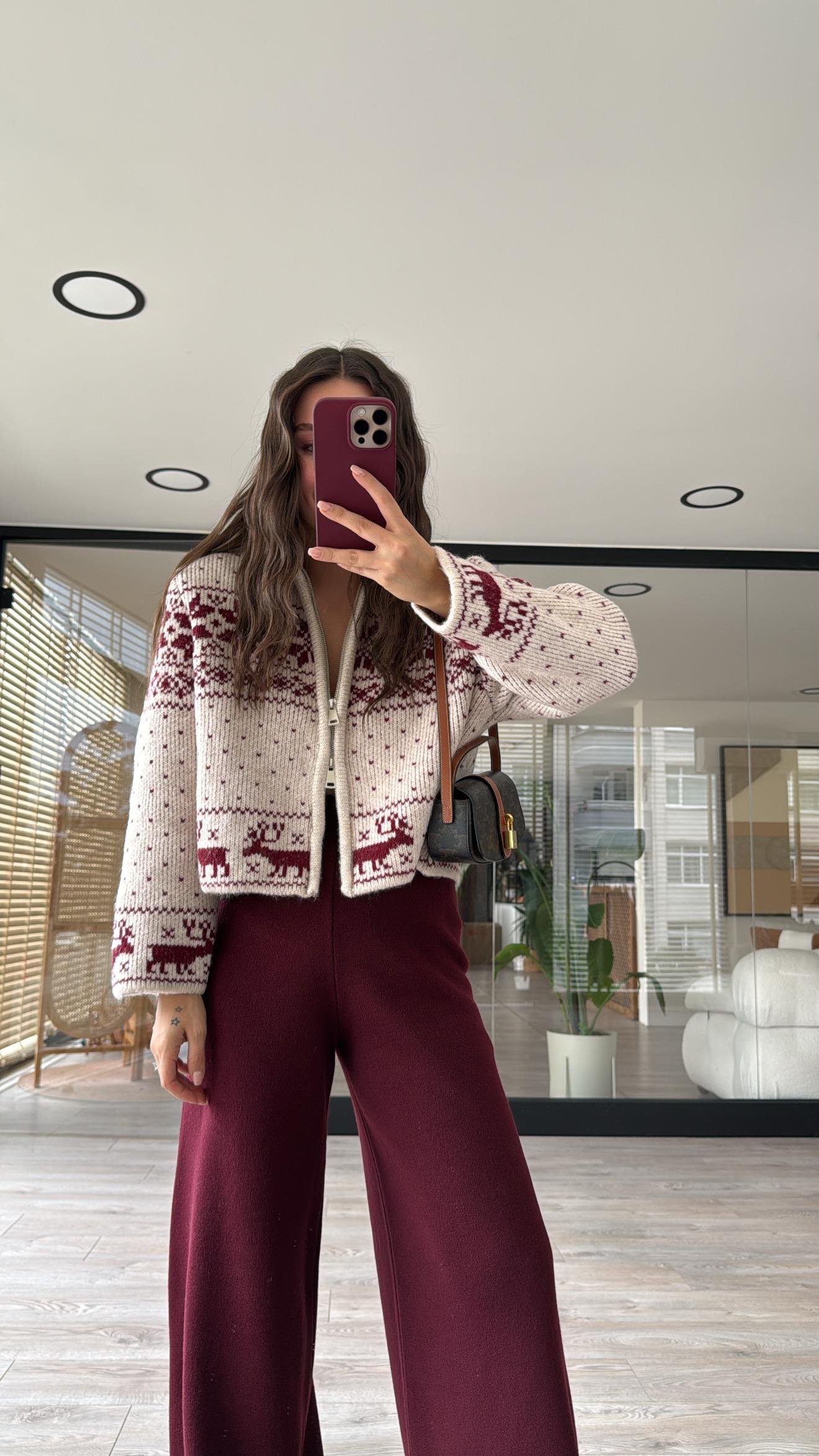 Taş Bordo Çift Fermuarlı Figürlü Triko Hırka