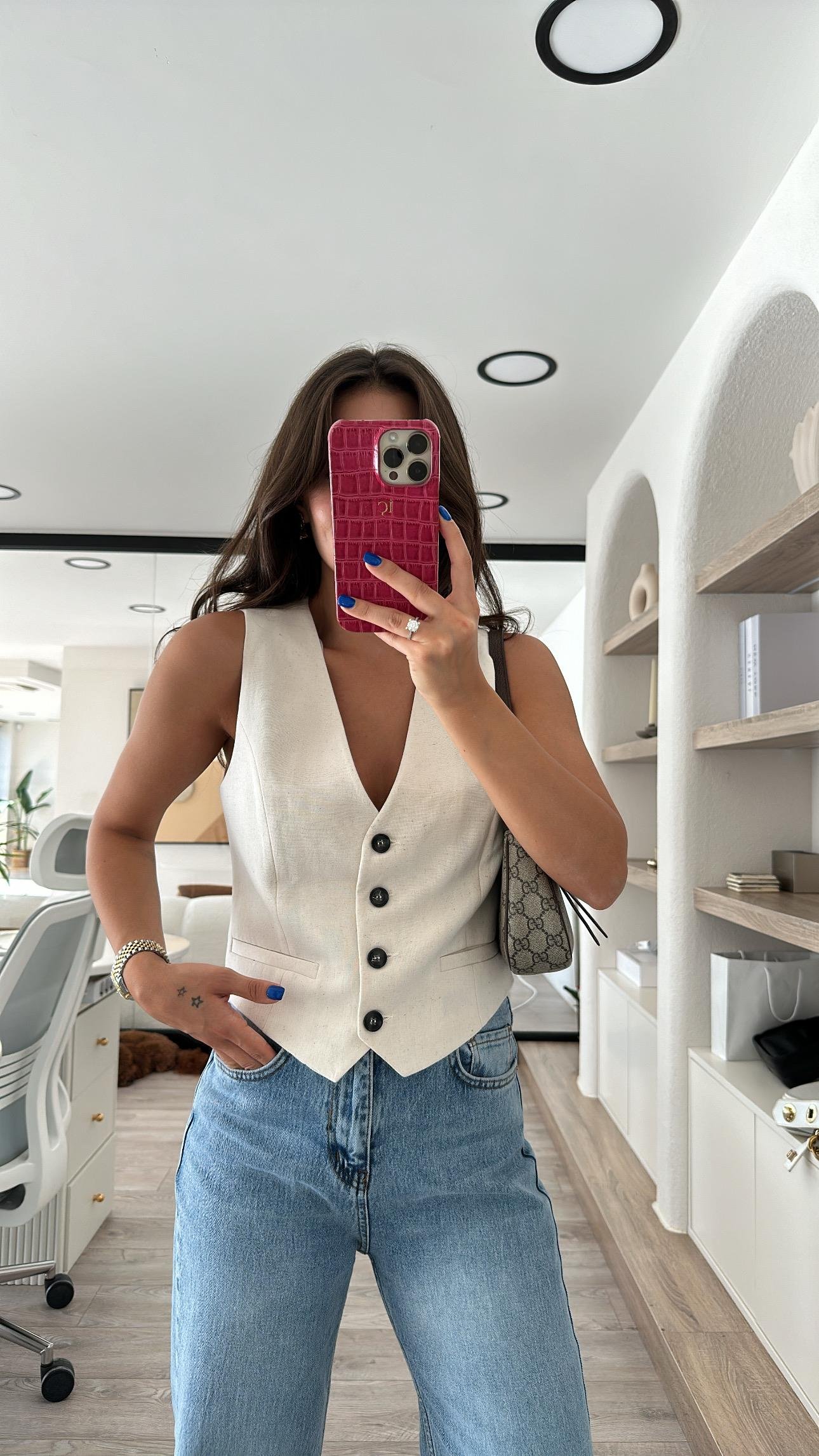 Taş Cep Detaylı Marka Model Keten Yelek 