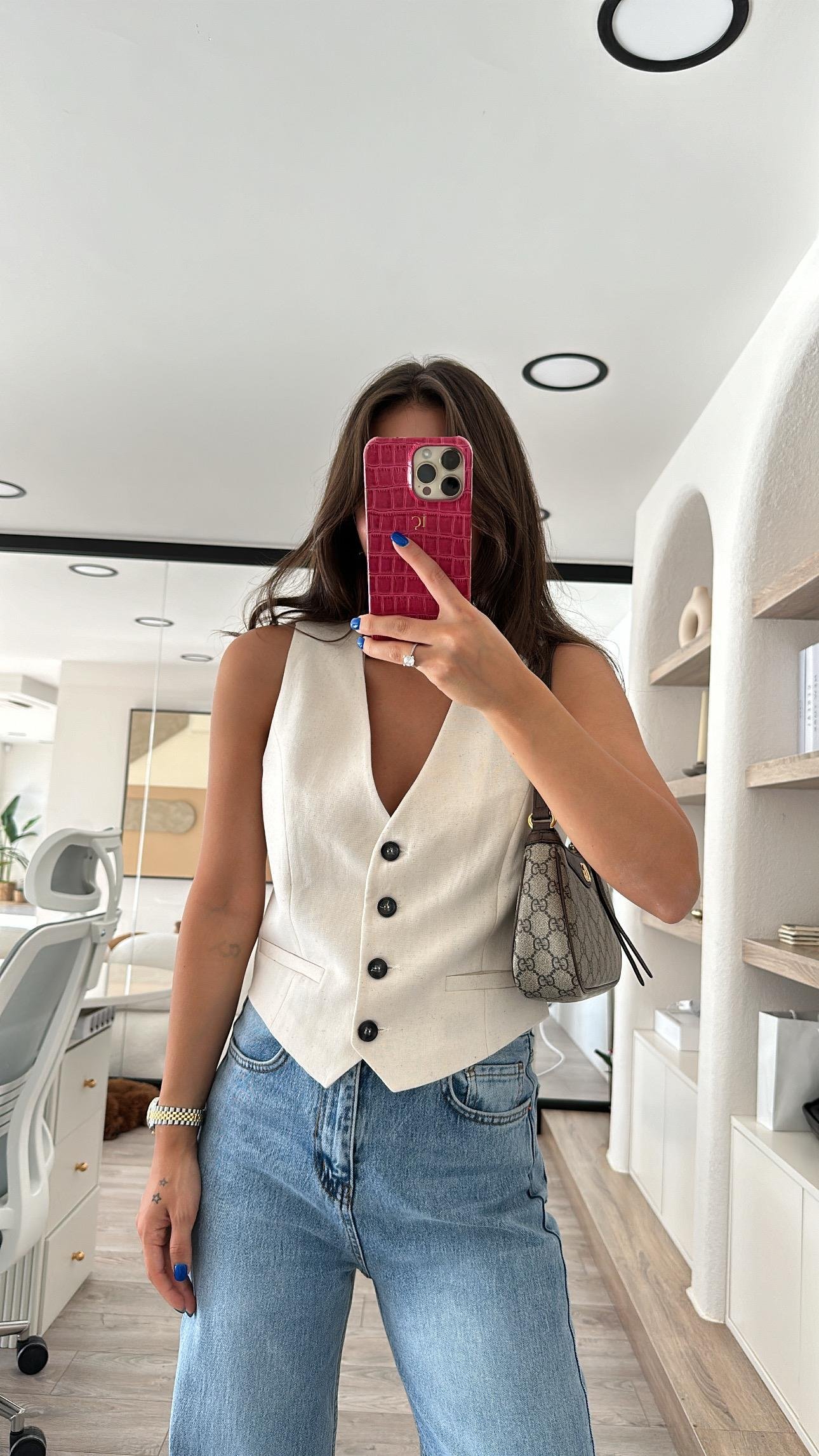 Taş Cep Detaylı Marka Model Keten Yelek 