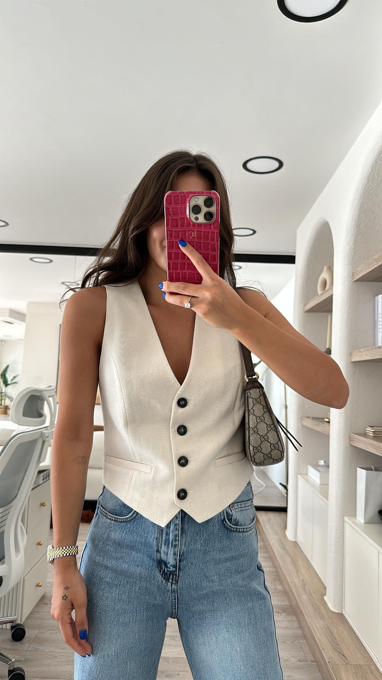 Taş Cep Detaylı Marka Model Keten Yelek 