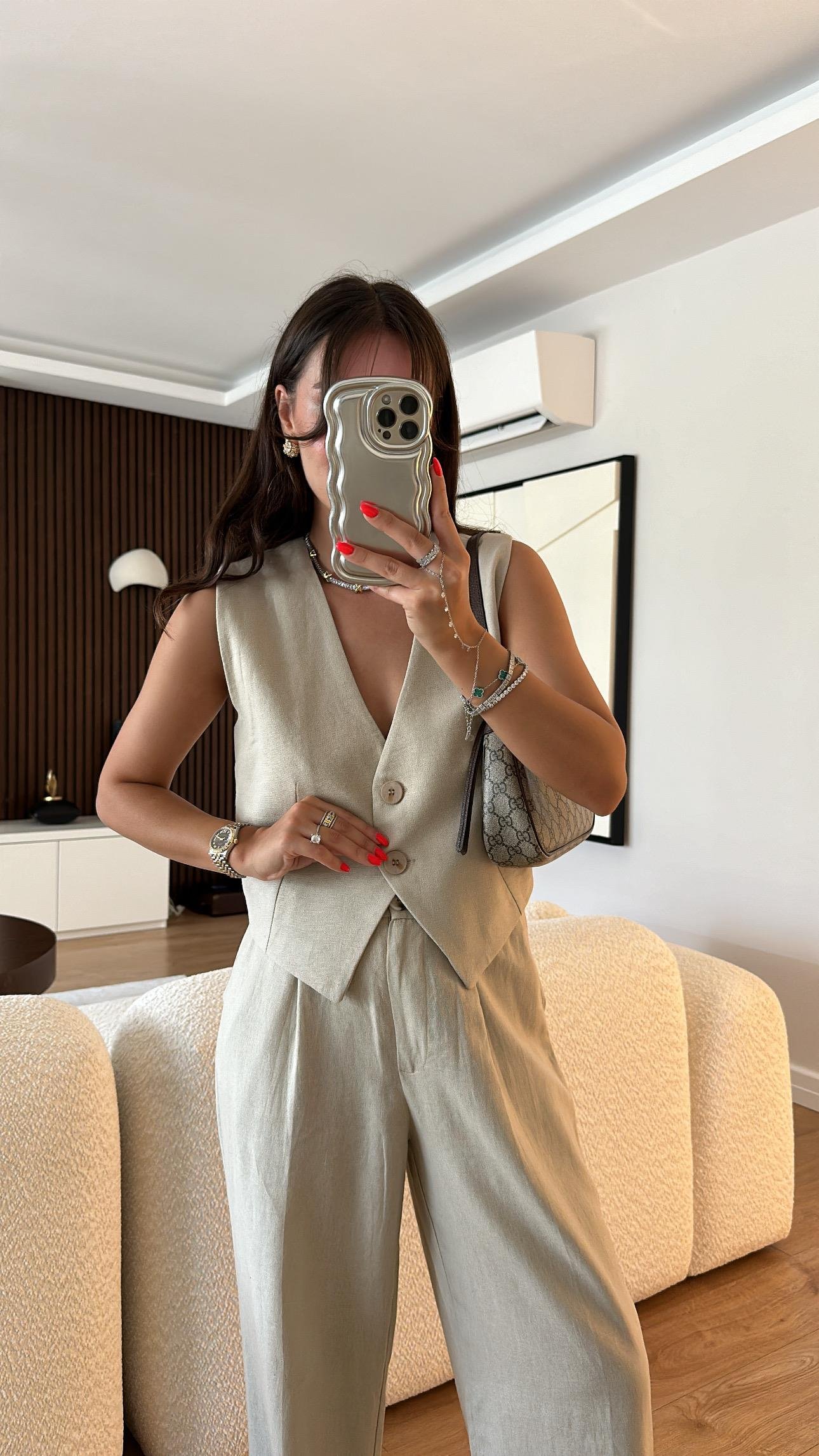 Taş Çift Düğmeli Keten Yelek