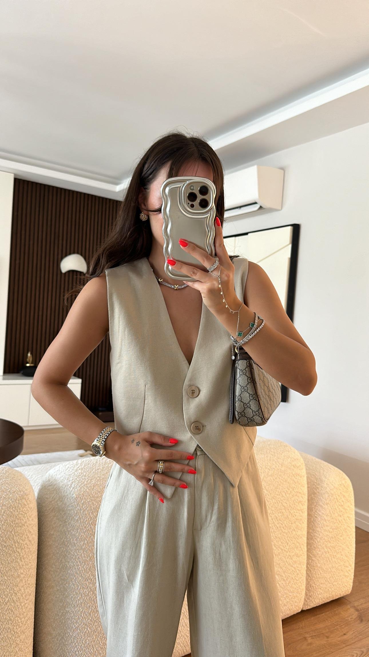 Taş Çift Düğmeli Keten Yelek