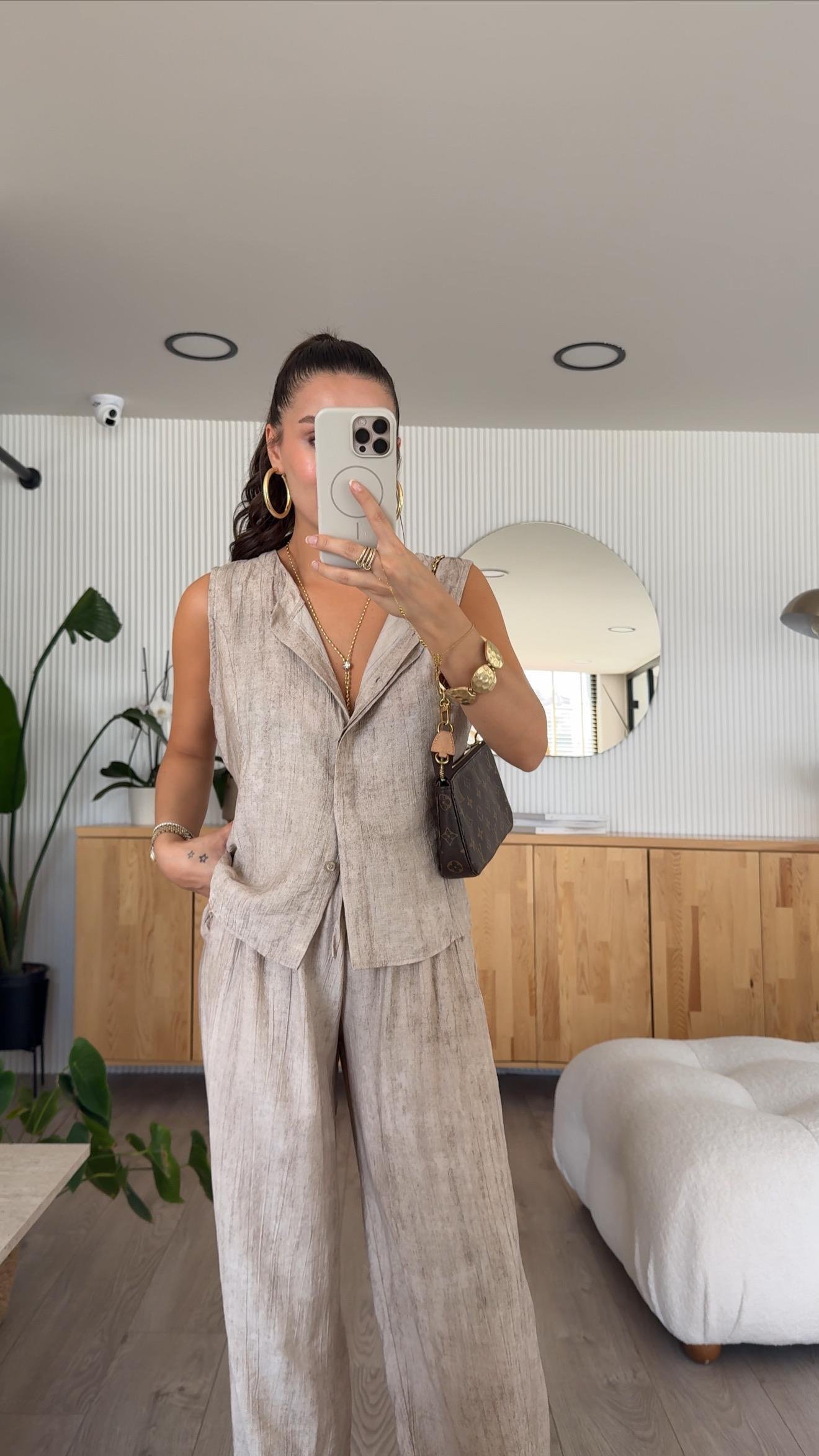 Taş Gizli Düğmeli Kendinden Desenli Pantolon Takım