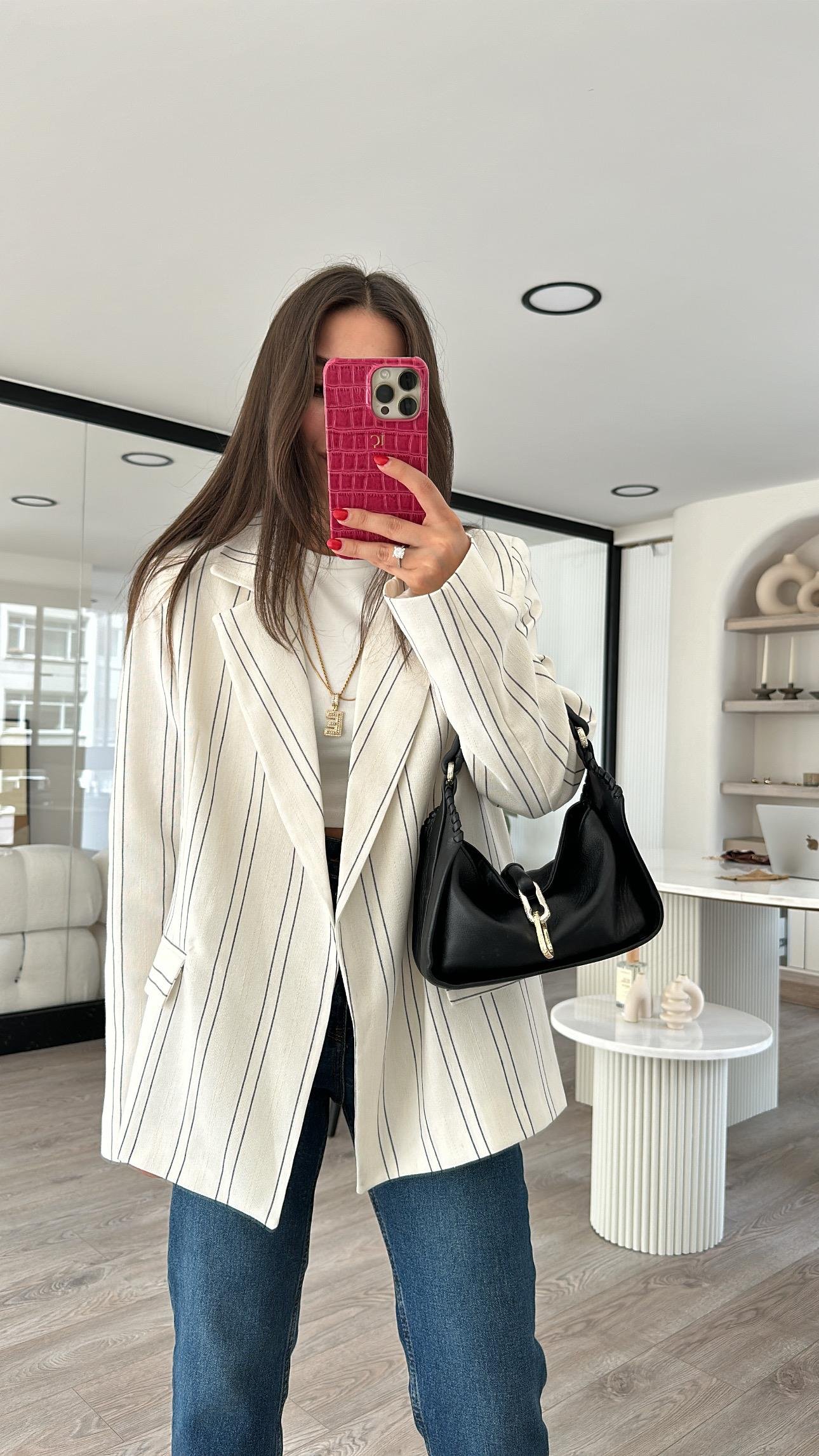 Taş Gri Çizgili Keten Blazer Ceket