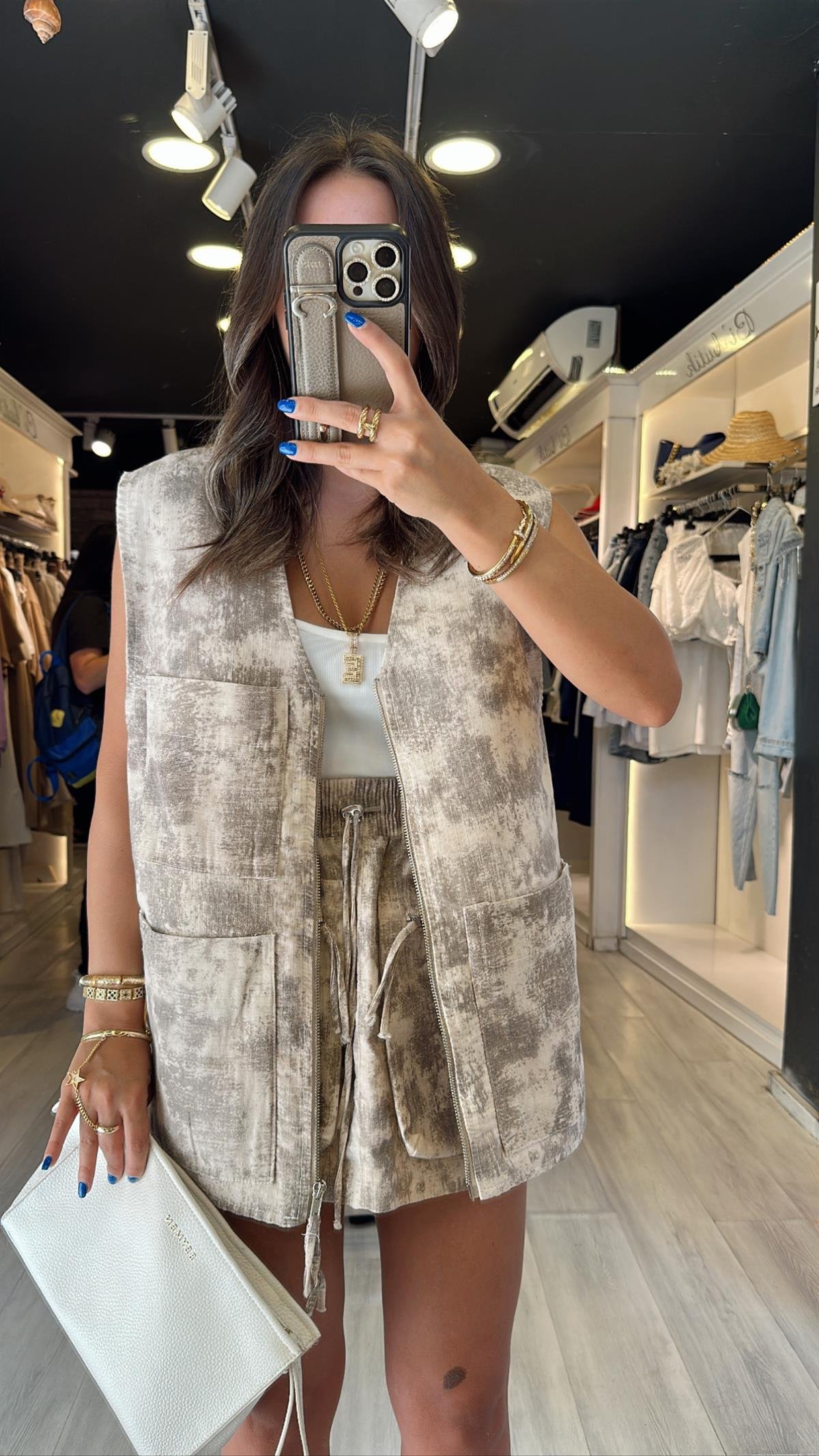 Taş Haki Batik Desenli Ön Cepli Etek 