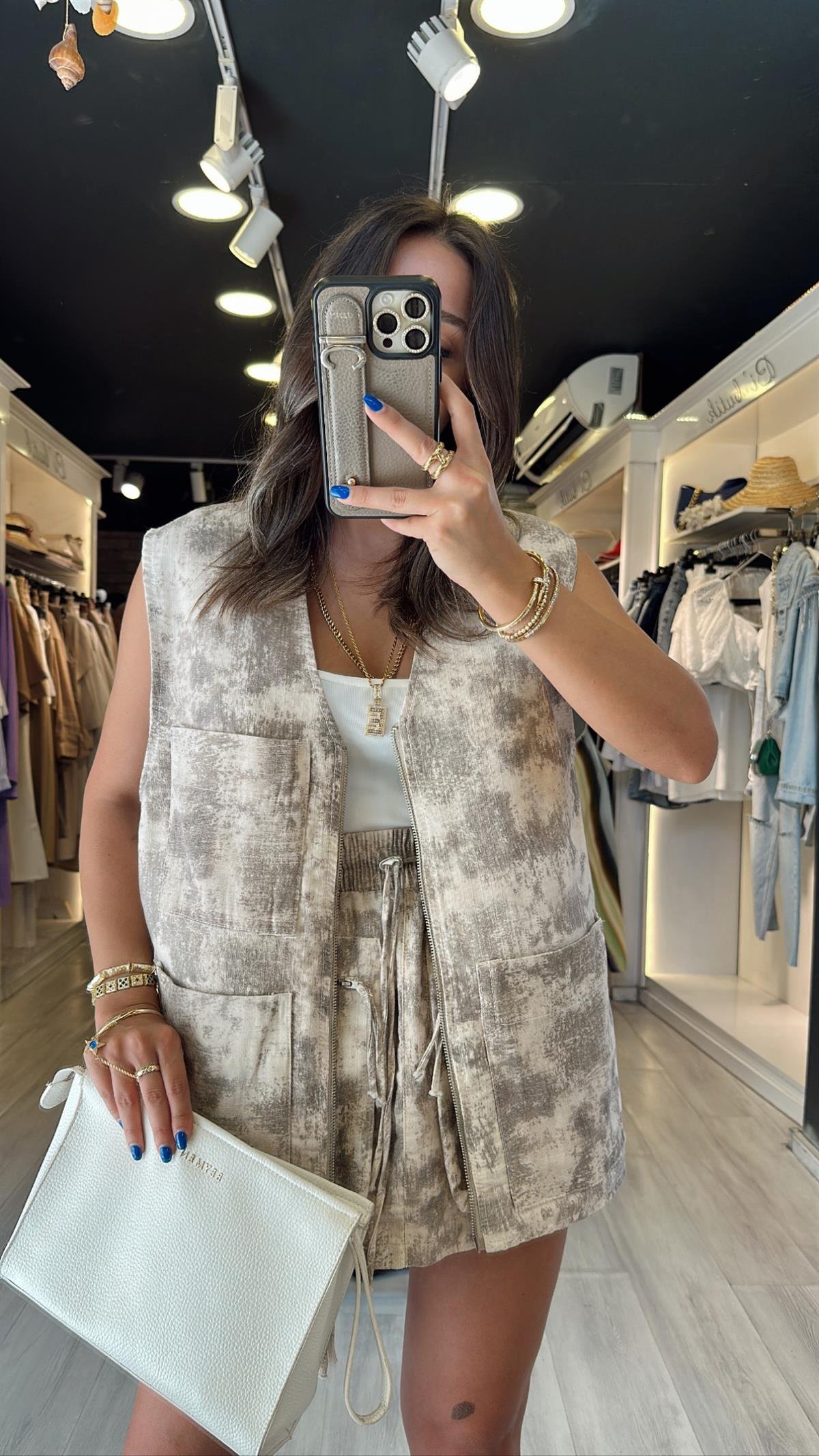 Taş Haki Batik Desenli Ön Cepli Etek 