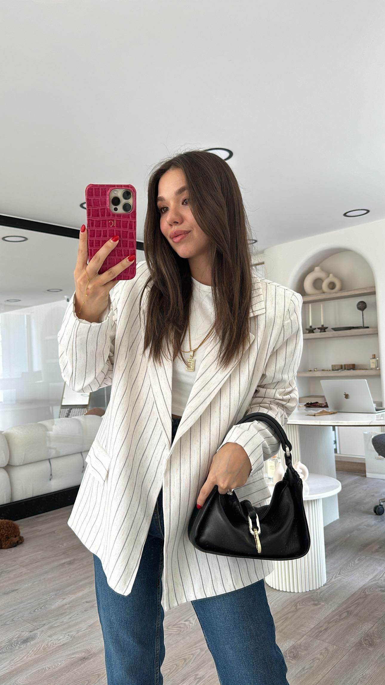 Taş Kahve Çizgili Keten Blazer Ceket