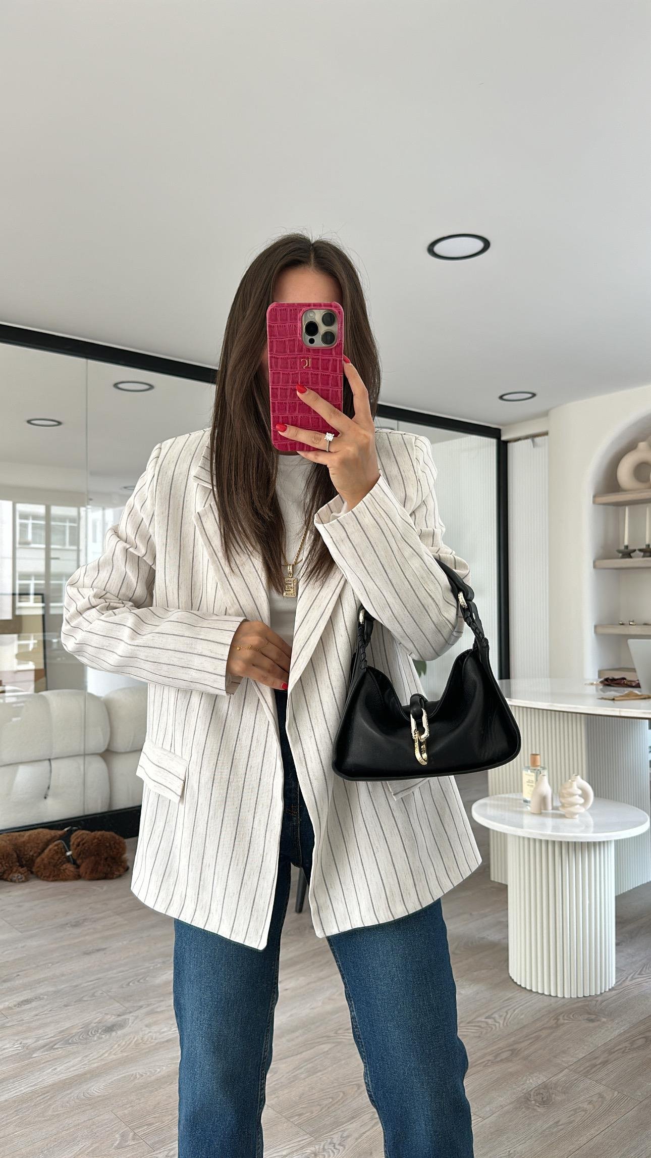 Taş Kahve Çizgili Keten Blazer Ceket