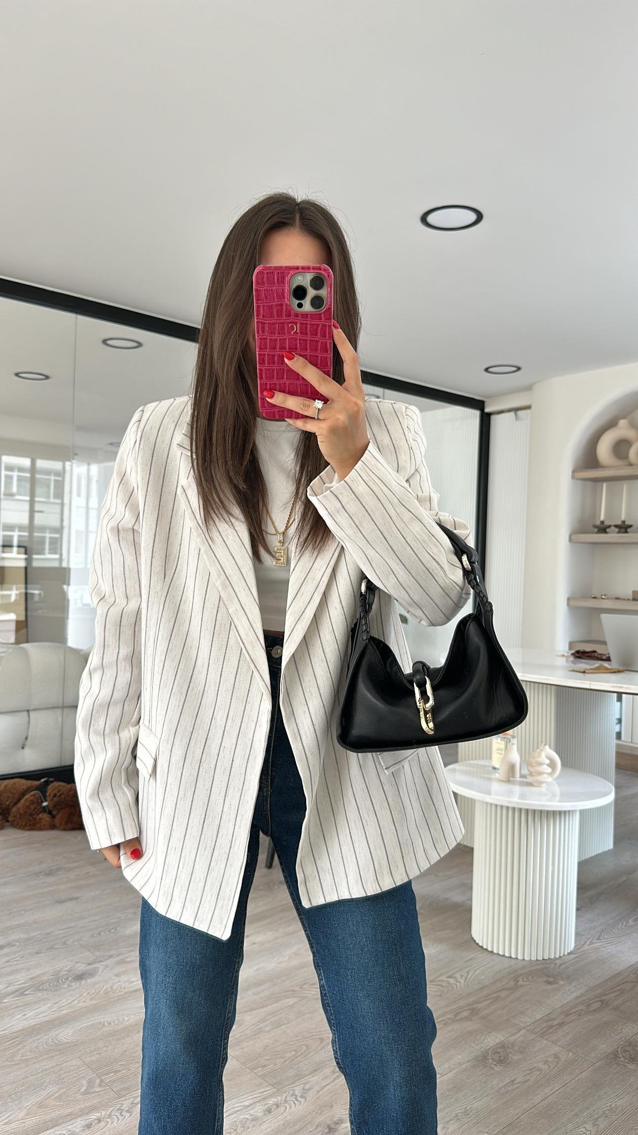 Taş Kahve Çizgili Keten Blazer Ceket