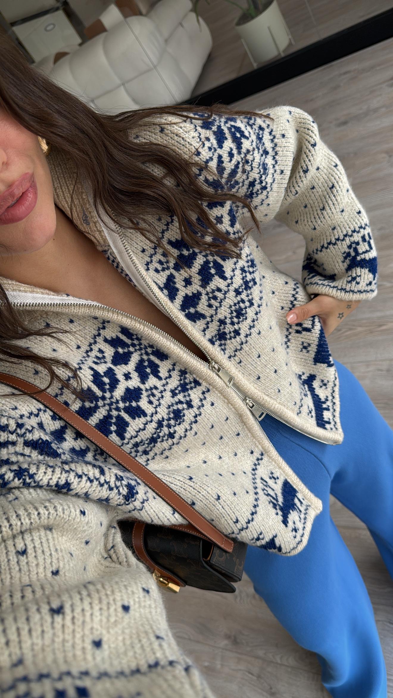 Taş Mavi Çift Fermuarlı Figürlü Triko Hırka