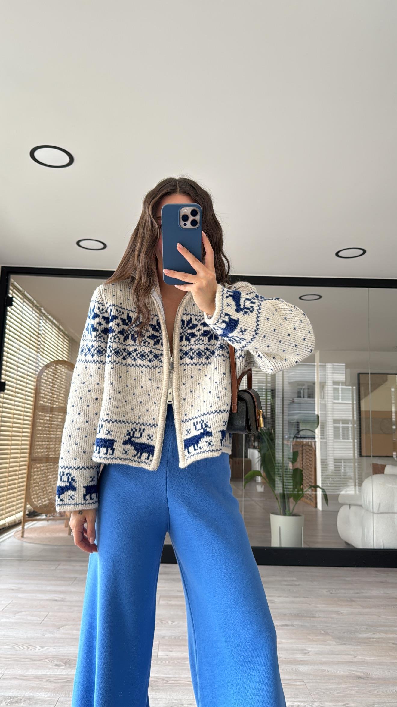 Taş Mavi Çift Fermuarlı Figürlü Triko Hırka