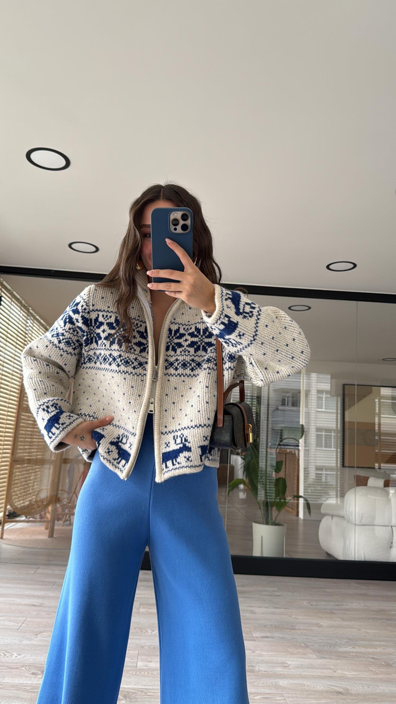 Taş Mavi Çift Fermuarlı Figürlü Triko Hırka