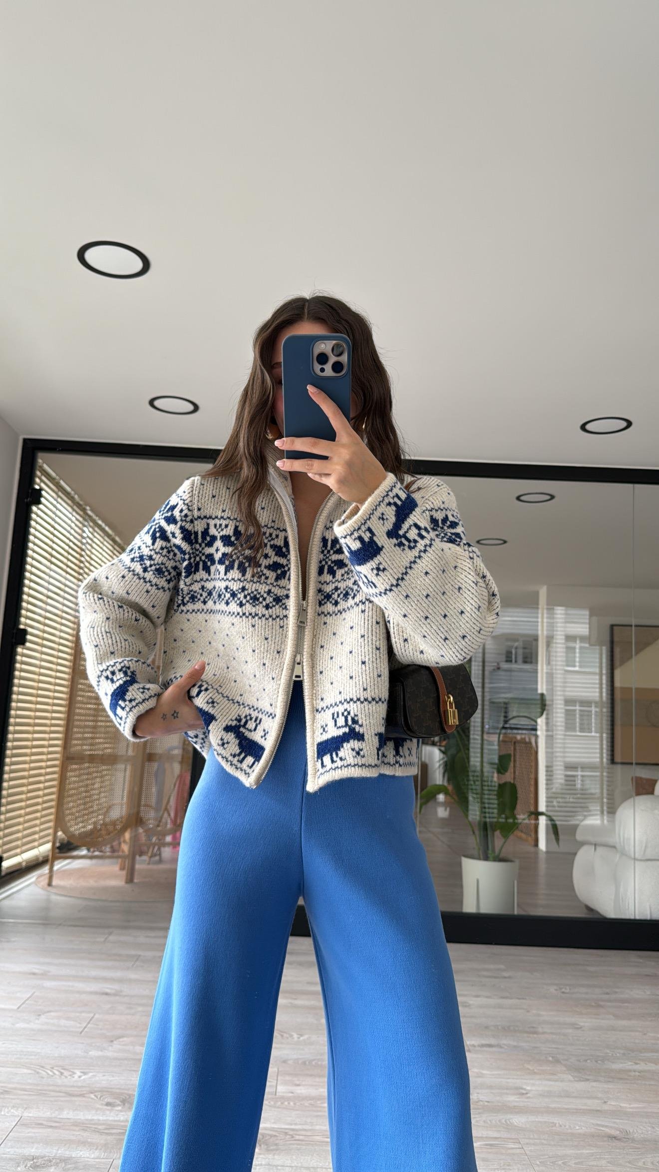 Taş Mavi Çift Fermuarlı Figürlü Triko Hırka