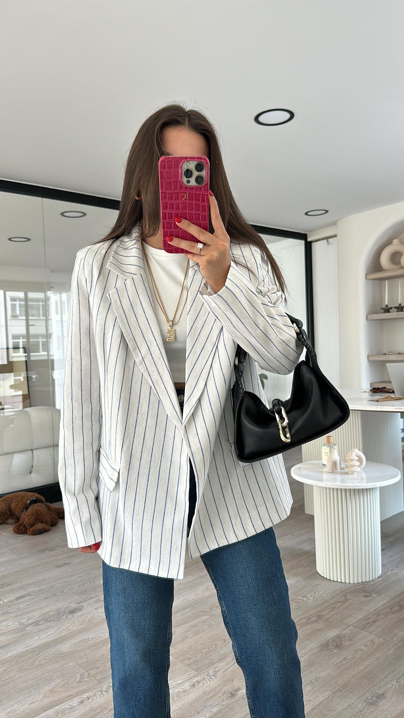 Taş Mavi Çizgili Keten Blazer Ceket