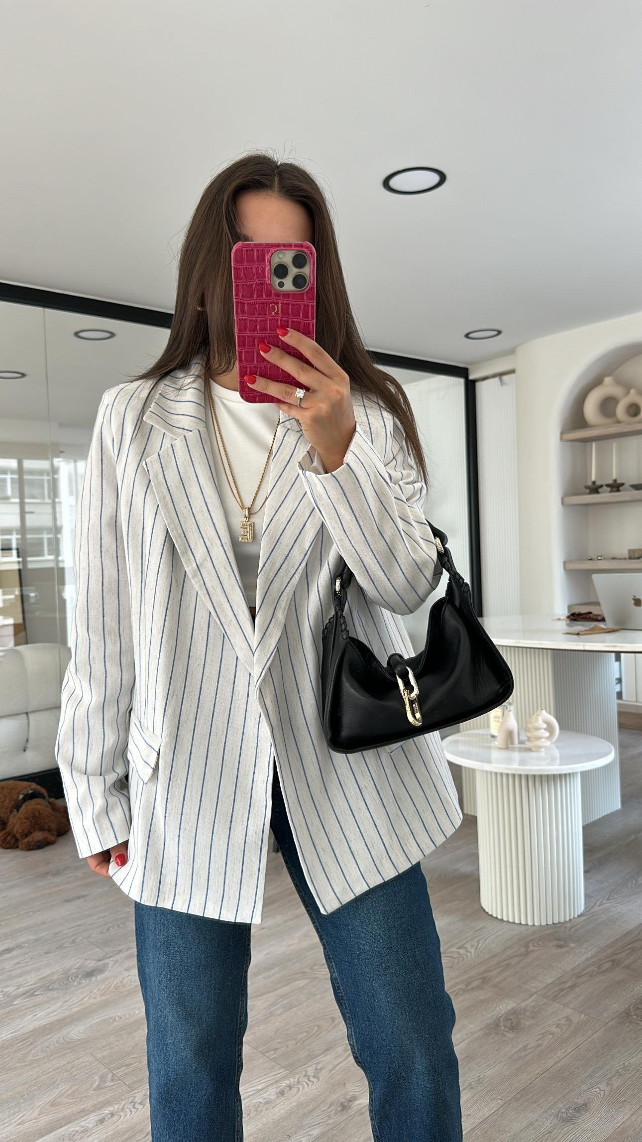 Taş Mavi Çizgili Keten Blazer Ceket