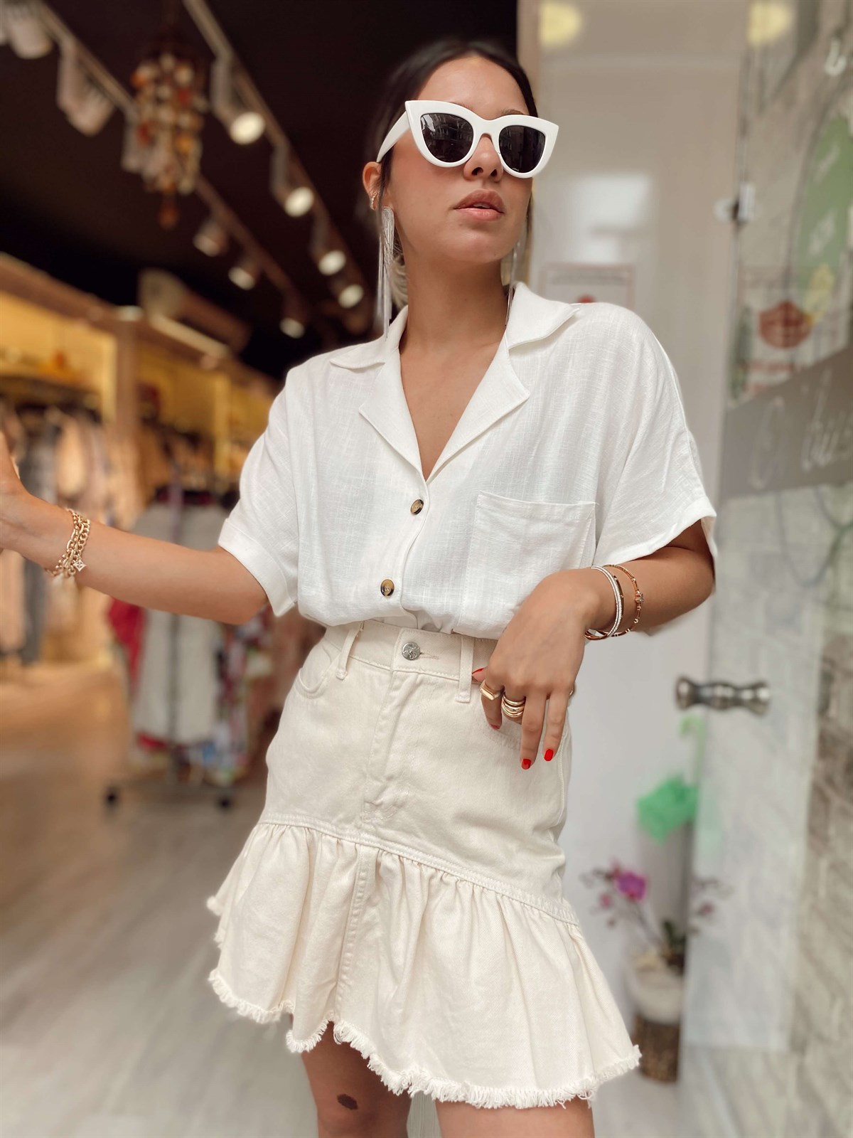 Taş Rengi Cepli Fırfırlı Keten Etek