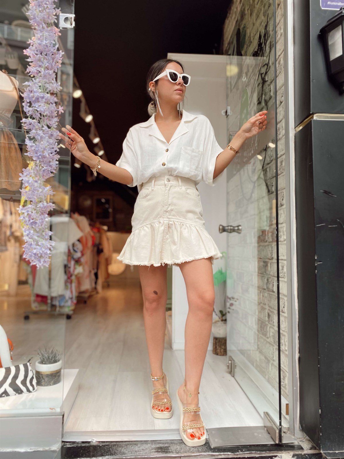 Taş Rengi Cepli Fırfırlı Keten Etek