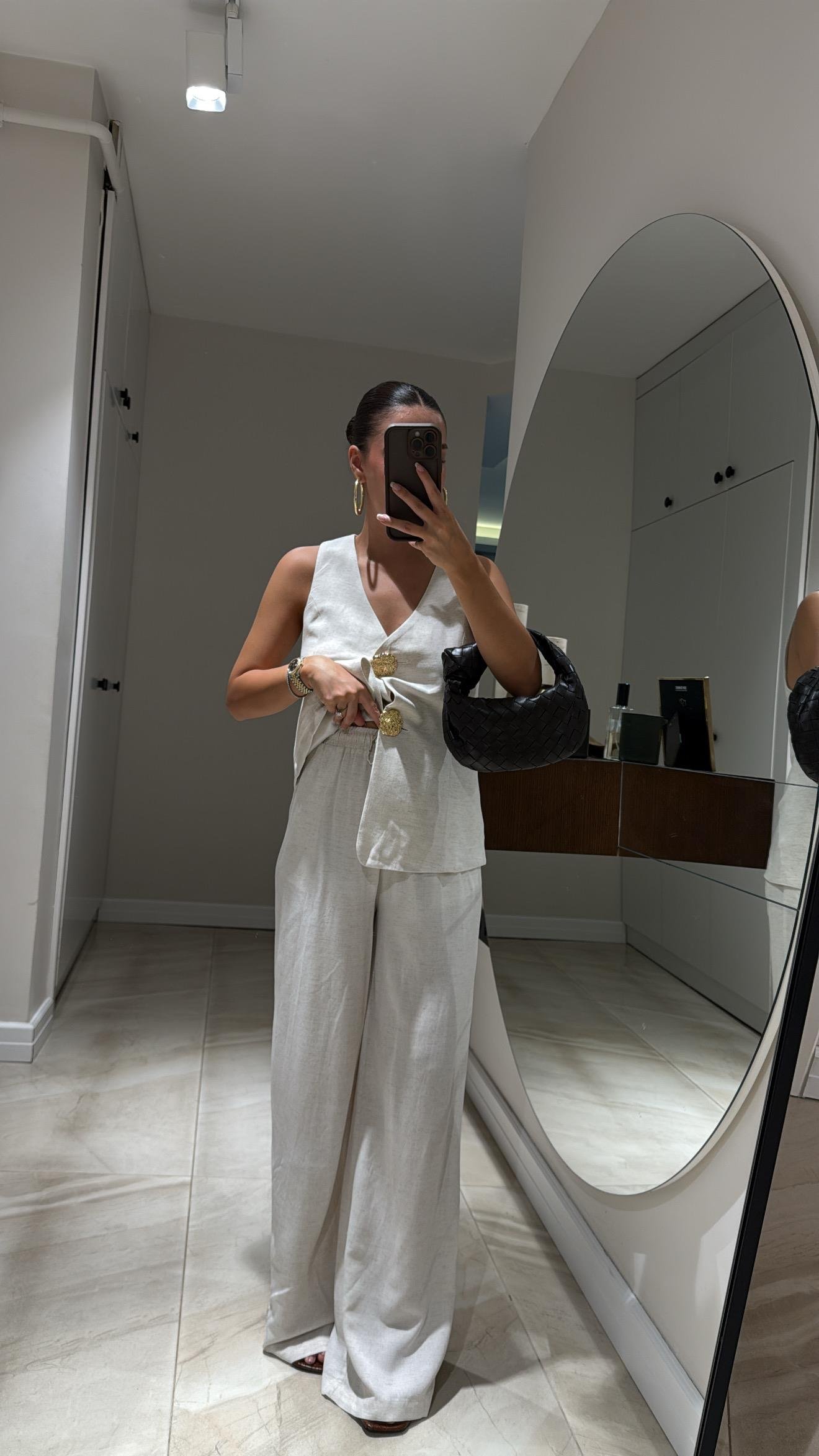 Taş Renk Arka Çift Cepli Keten Pantolon 