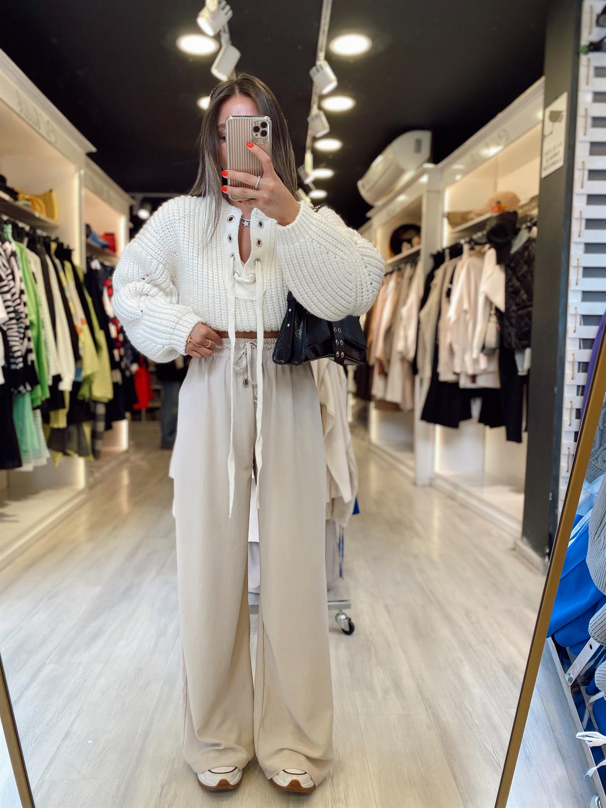 Taş Renk Beli Lastikli Saten Bol Pantolon