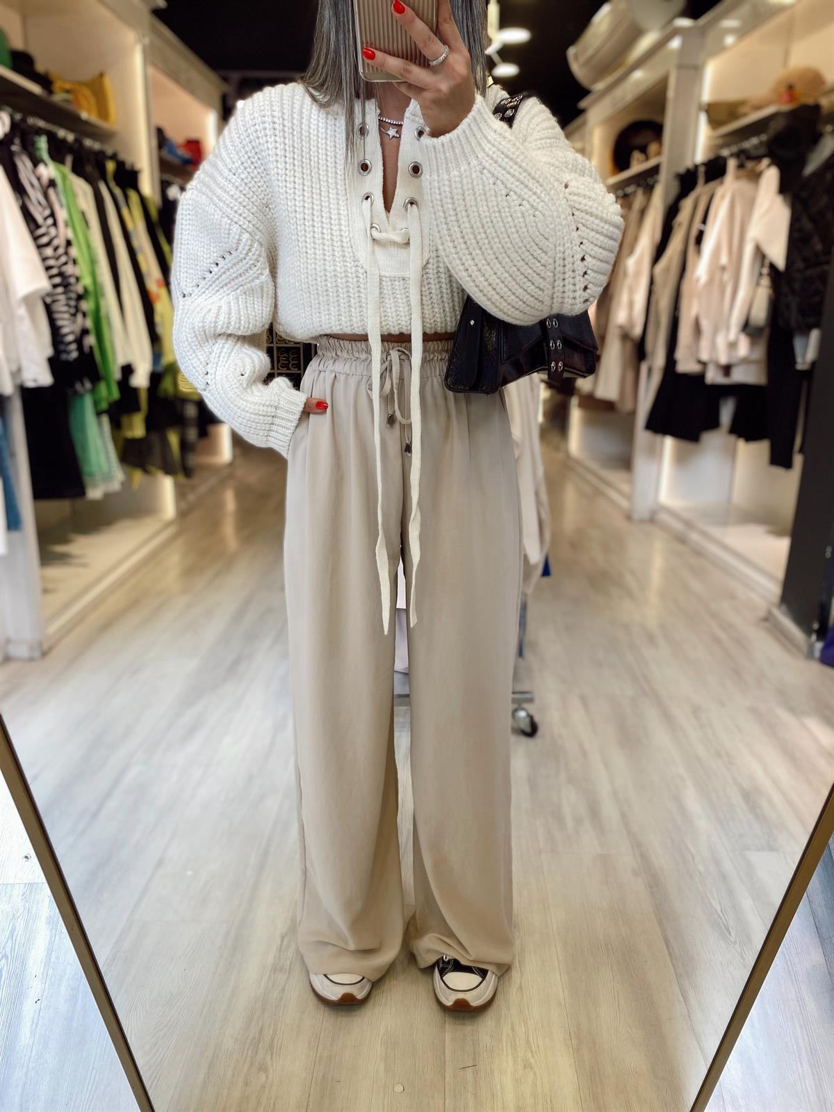 Taş Renk Beli Lastikli Saten Bol Pantolon