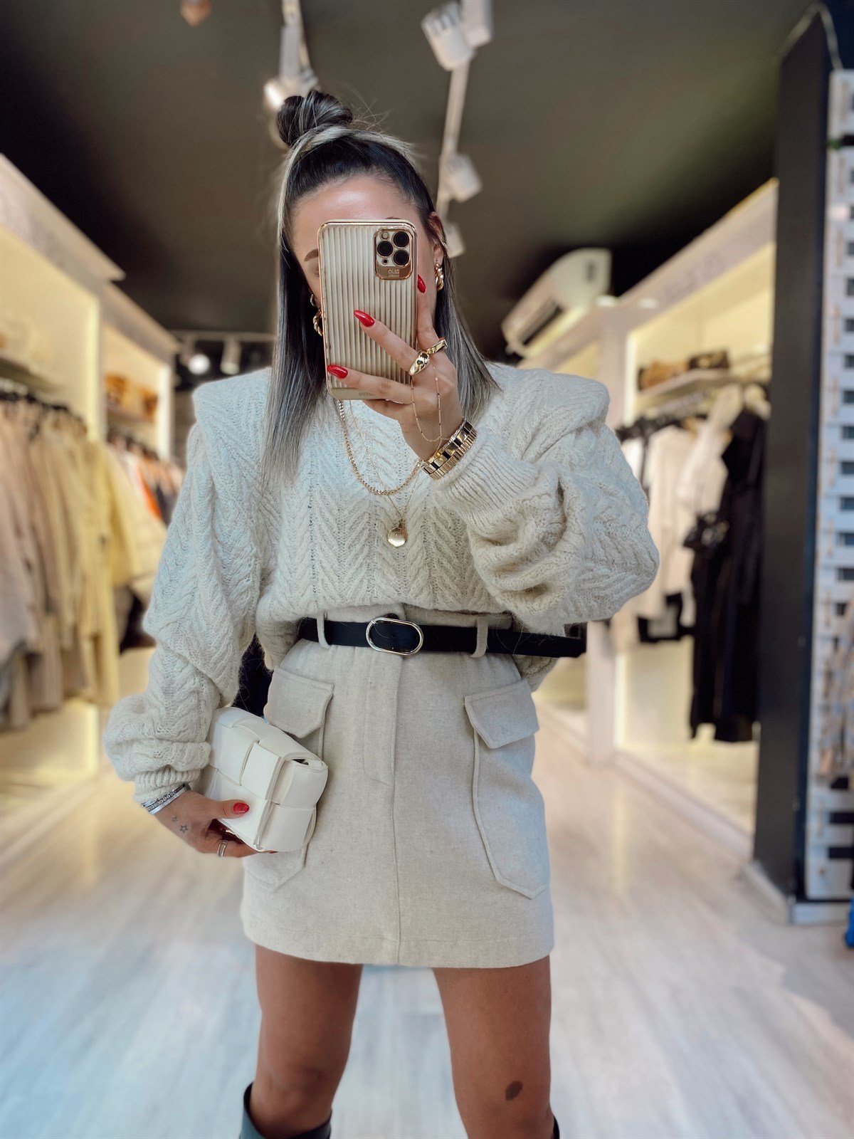 Taş Renk Çift Cepli Kemerli Kaşe Etek