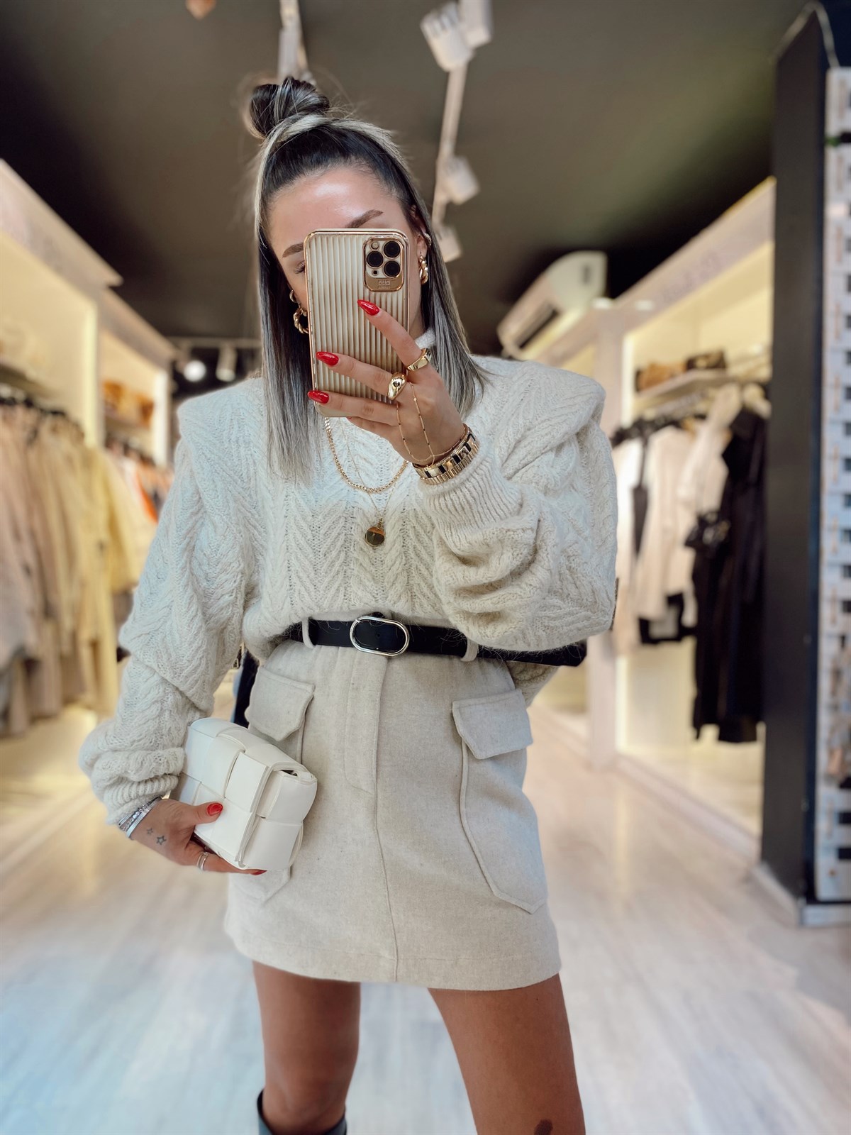 Taş Renk Çift Cepli Kemerli Kaşe Etek