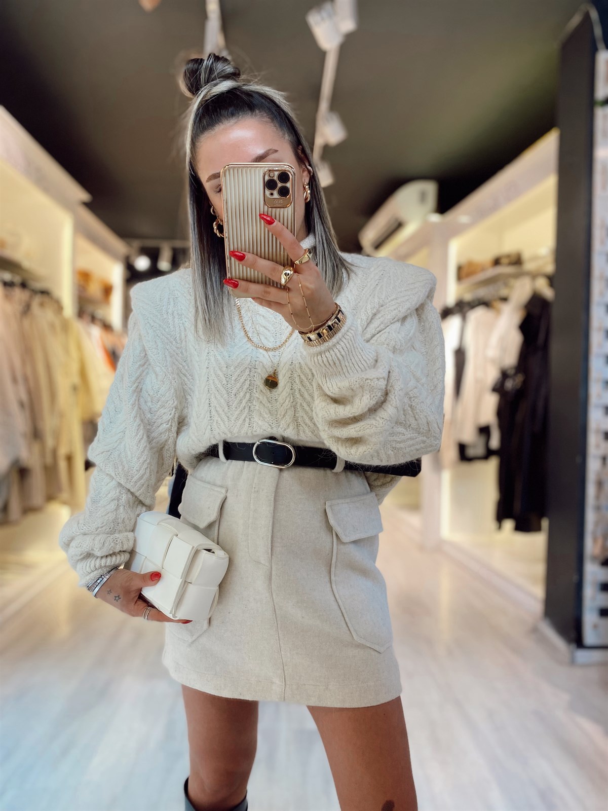 Taş Renk Çift Cepli Kemerli Kaşe Etek