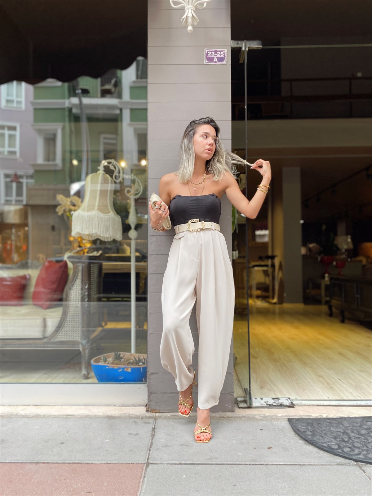 Taş Renk Duğmeli Şalvar Model Pantolon 