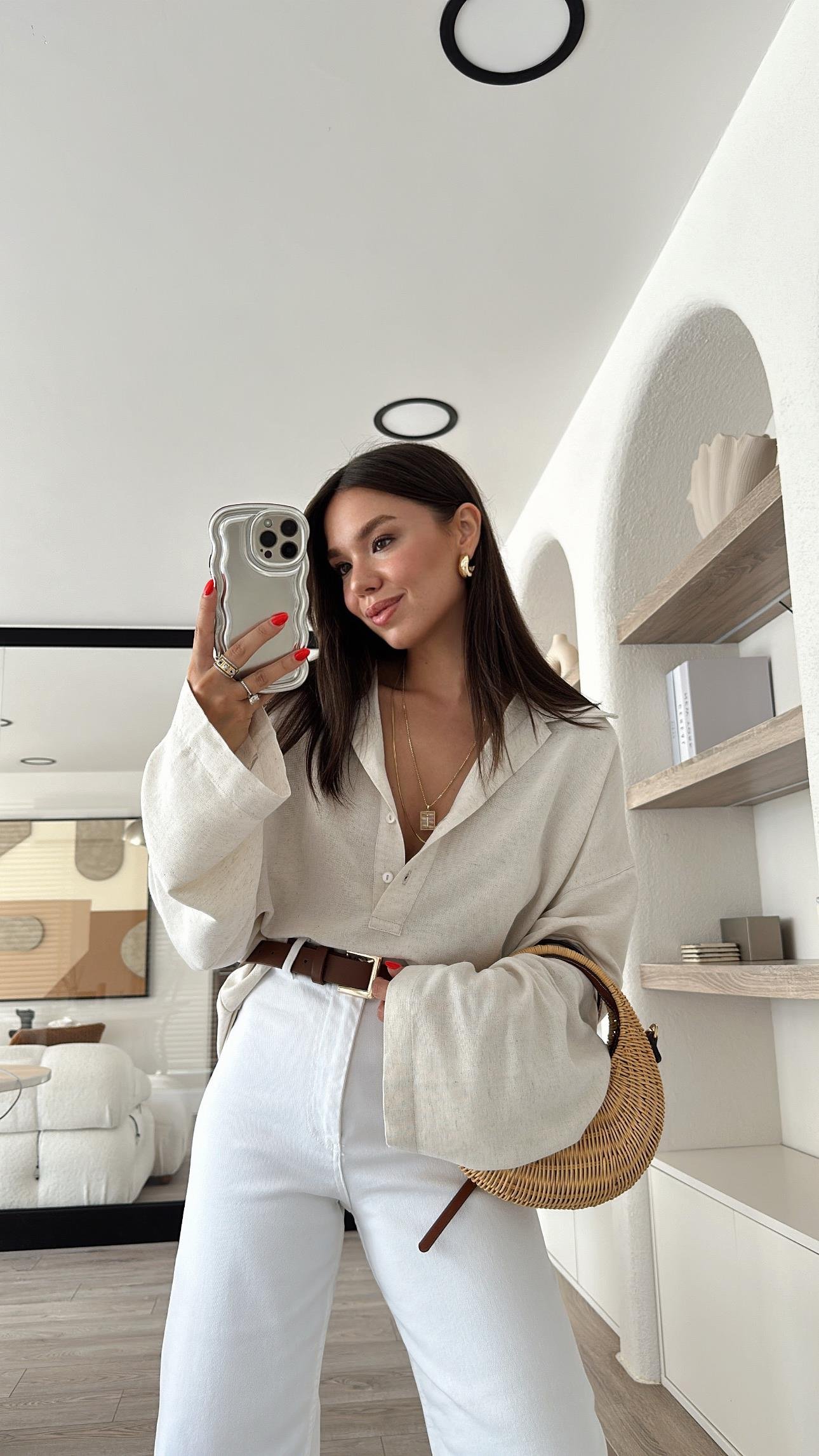 Taş Renk Ön Düğmeli Marka Model Keten Bluz