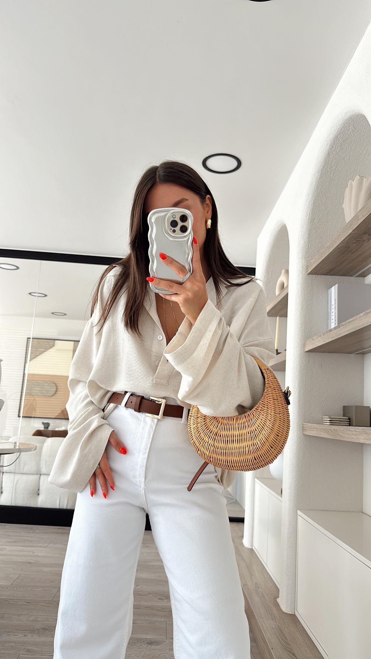 Taş Renk Ön Düğmeli Marka Model Keten Bluz