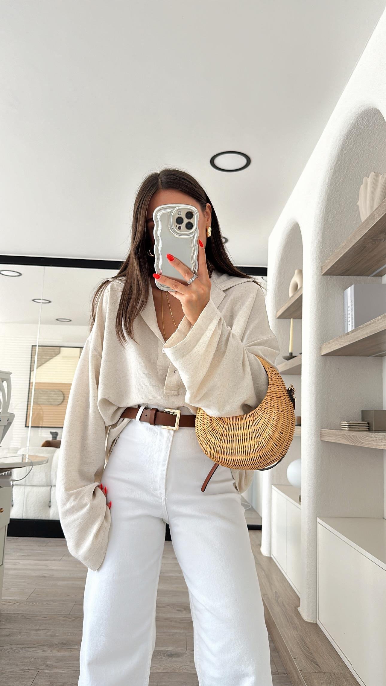 Taş Renk Ön Düğmeli Marka Model Keten Bluz