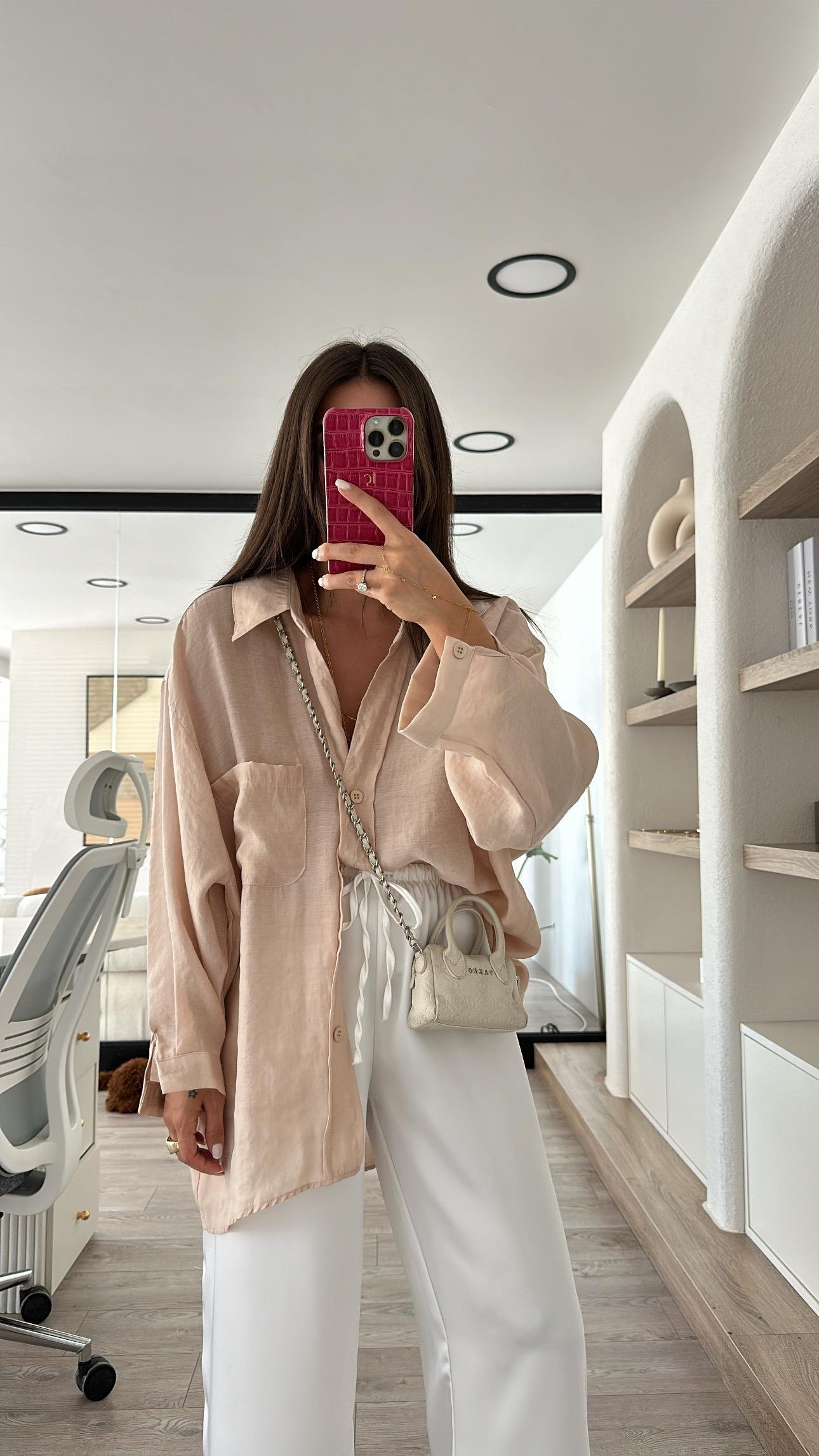 Taş Renk Tensel Kumaş Düşük Omuzlu Oversize Gömlek