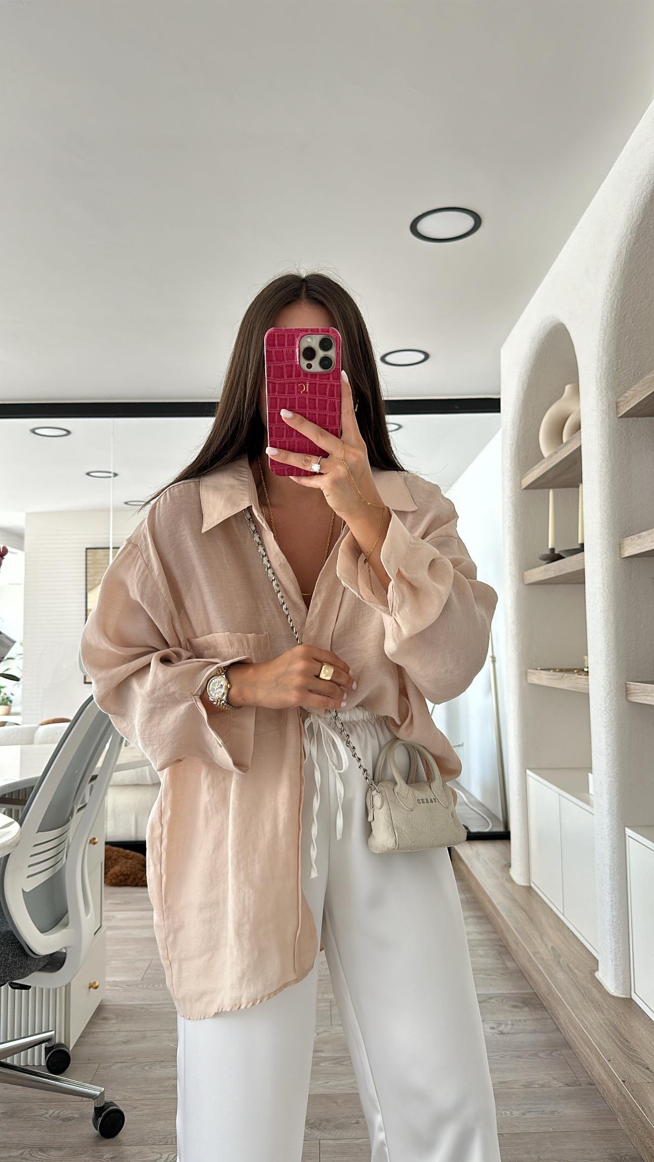 Taş Renk Tensel Kumaş Düşük Omuzlu Oversize Gömlek