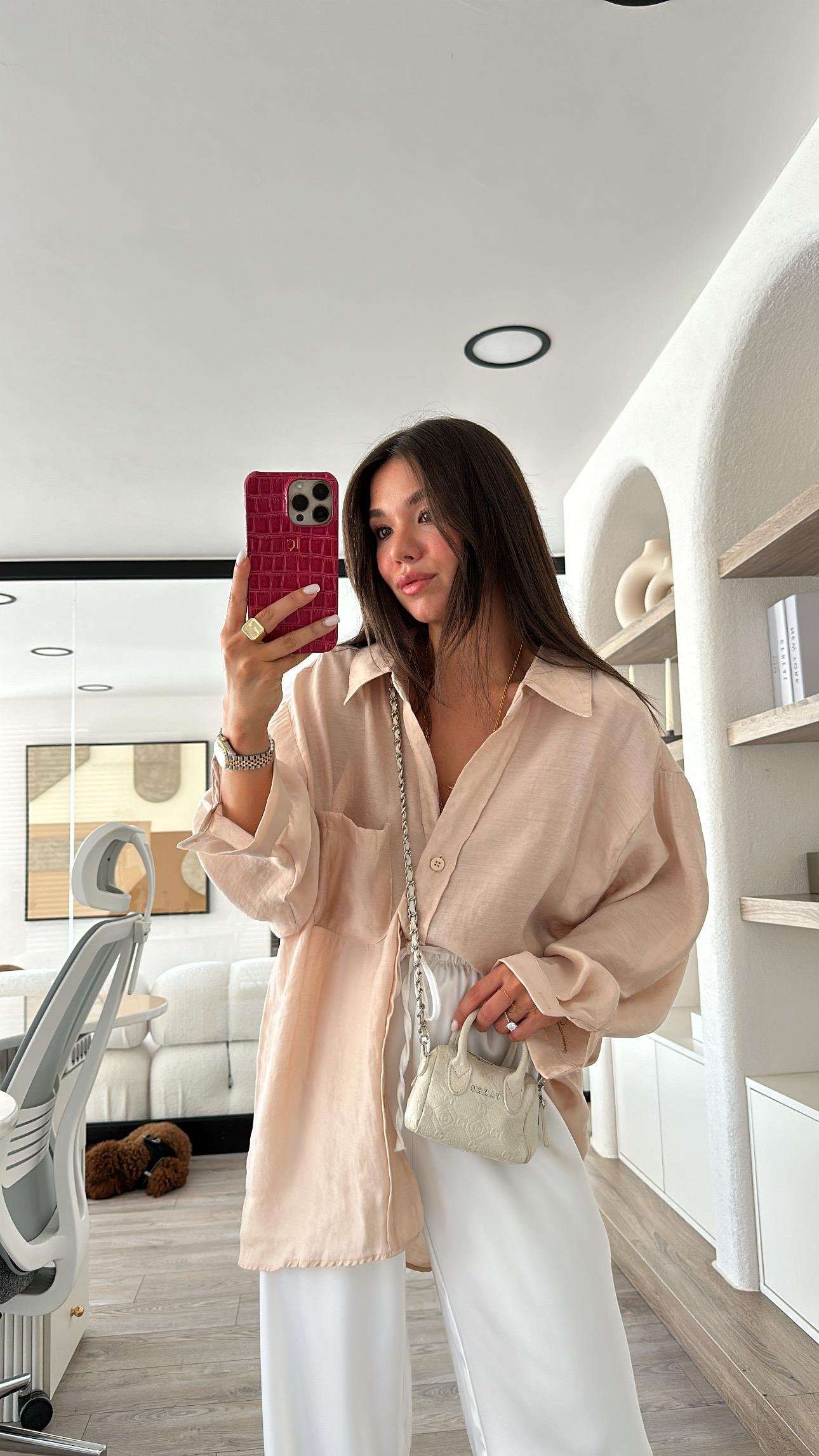 Taş Renk Tensel Kumaş Düşük Omuzlu Oversize Gömlek