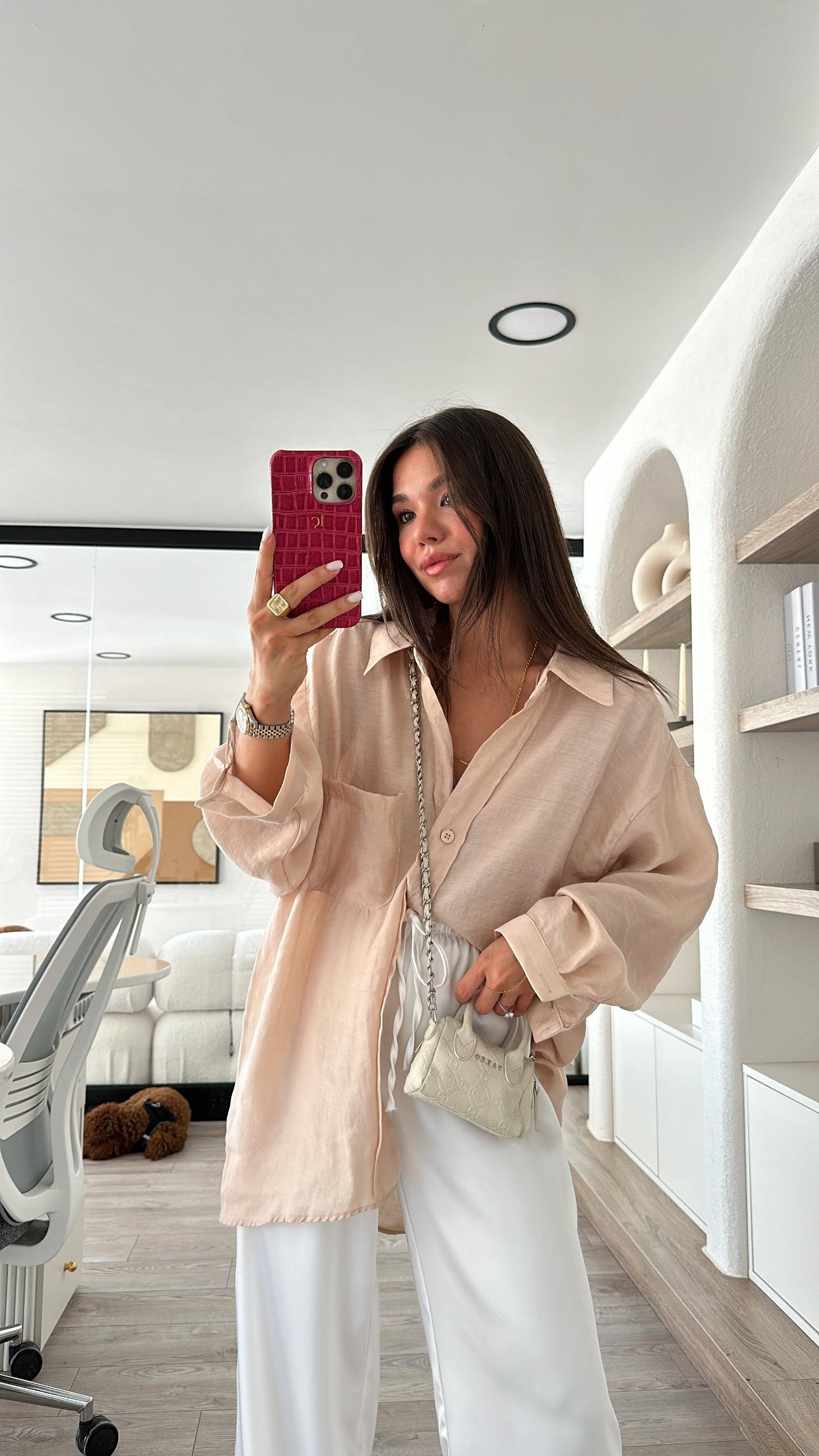 Taş Renk Tensel Kumaş Düşük Omuzlu Oversize Gömlek