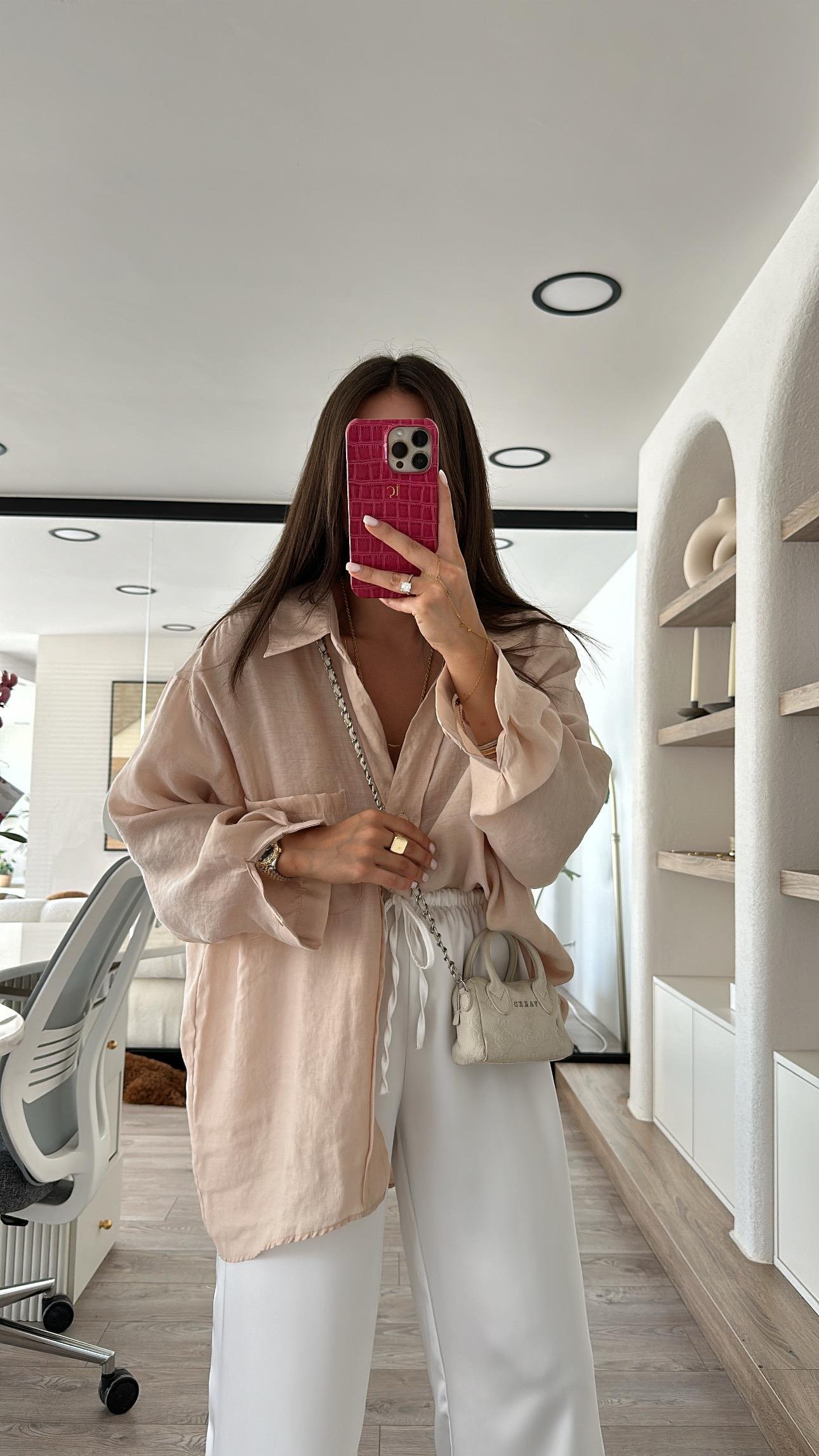 Taş Renk Tensel Kumaş Düşük Omuzlu Oversize Gömlek