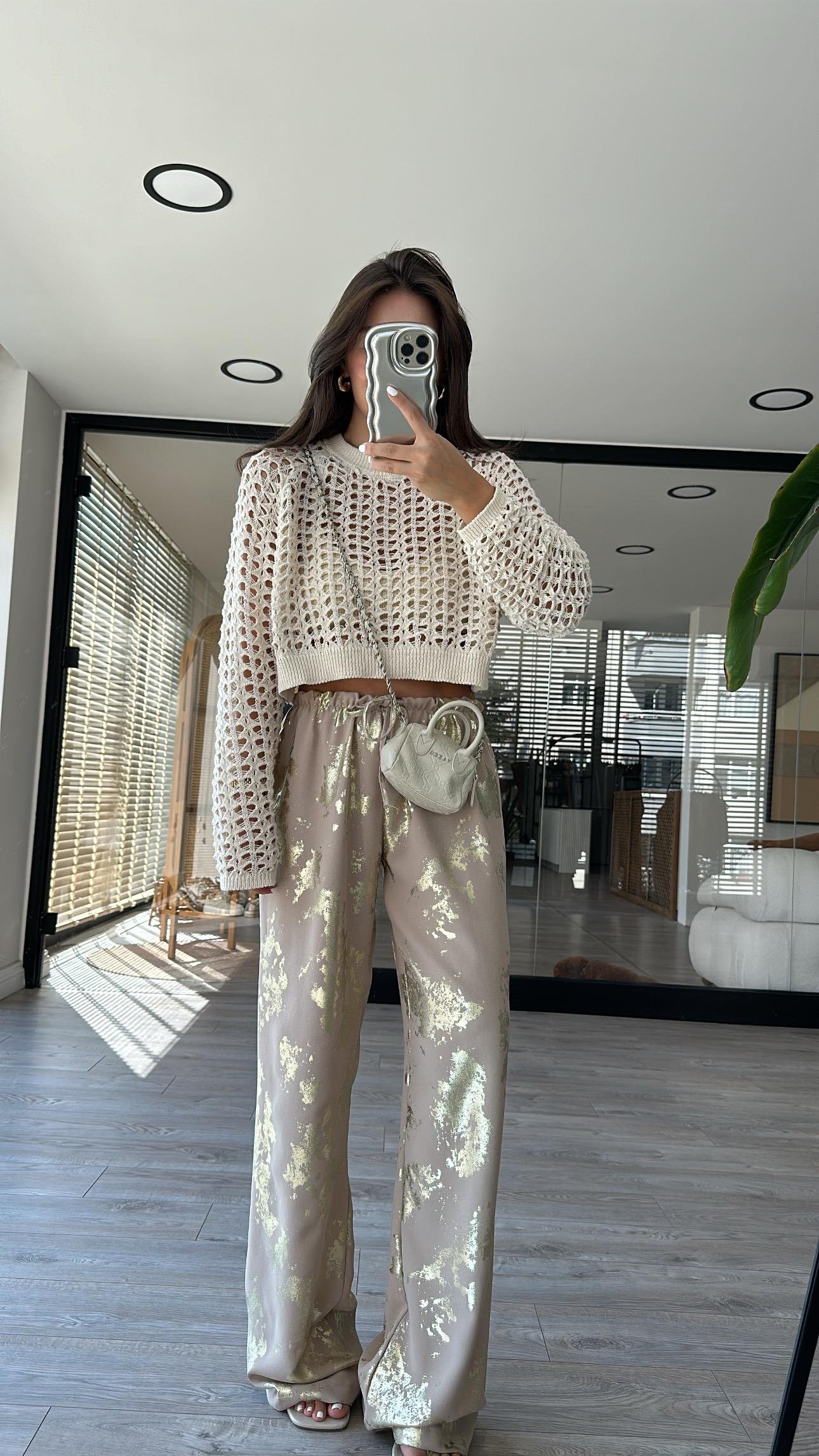 Taş Varak Baskılı Bel Bağlamalı Pantolon