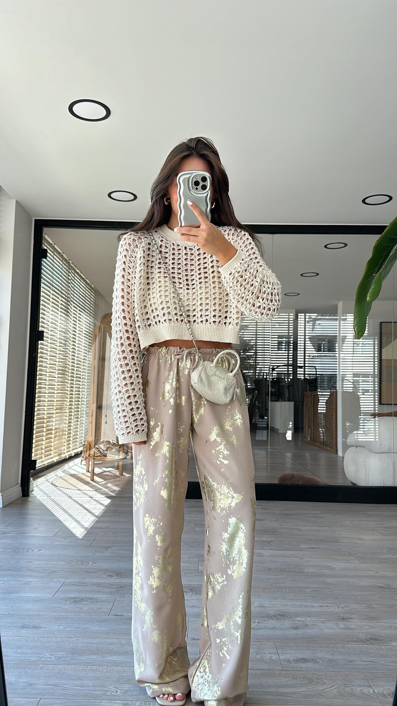 Taş Varak Baskılı Bel Bağlamalı Pantolon