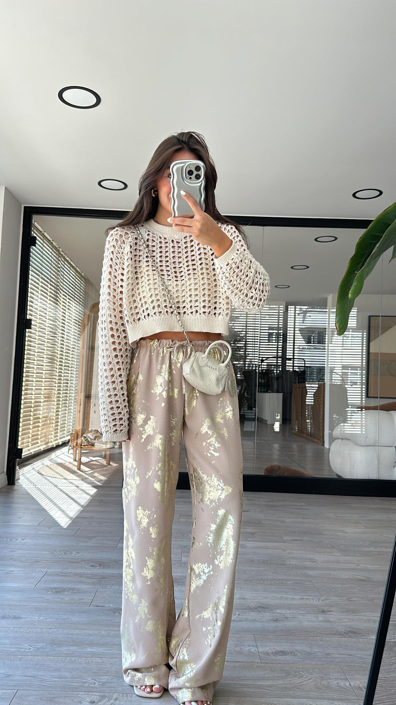 Taş Varak Baskılı Bel Bağlamalı Pantolon