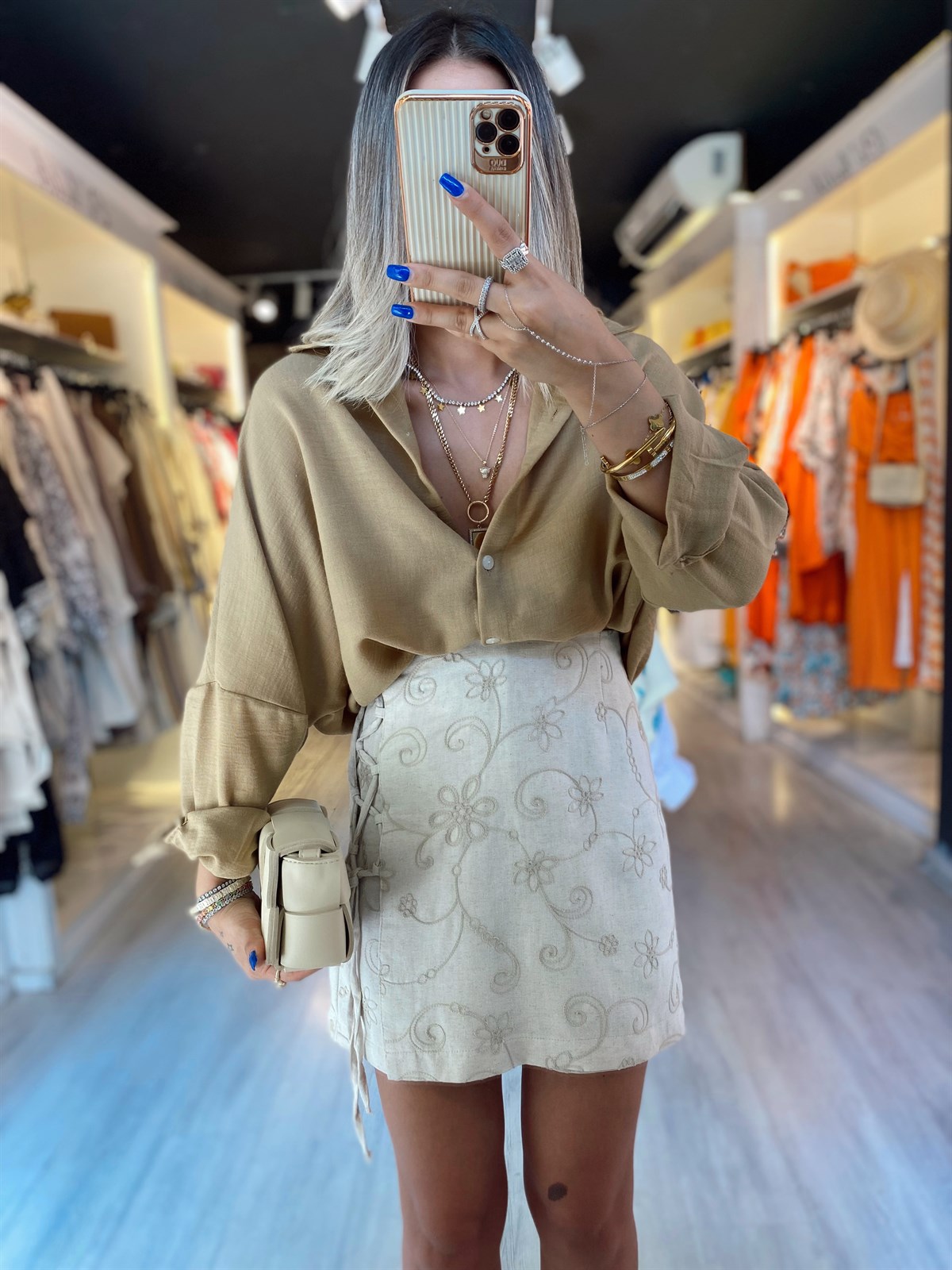 Taş Yan Bağlama Detaylı Ham Keten  Şort Etek