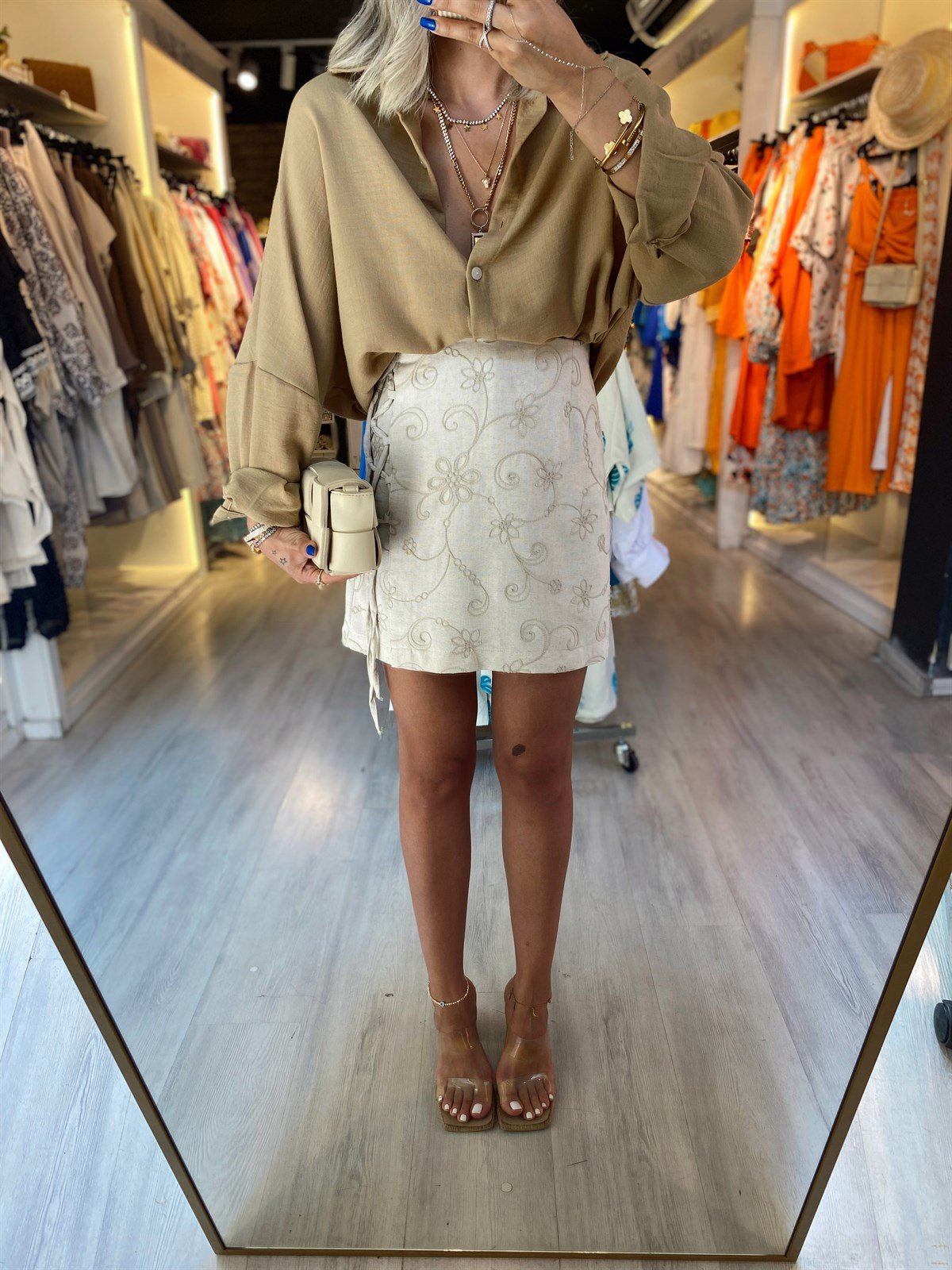 Taş Yan Bağlama Detaylı Ham Keten  Şort Etek