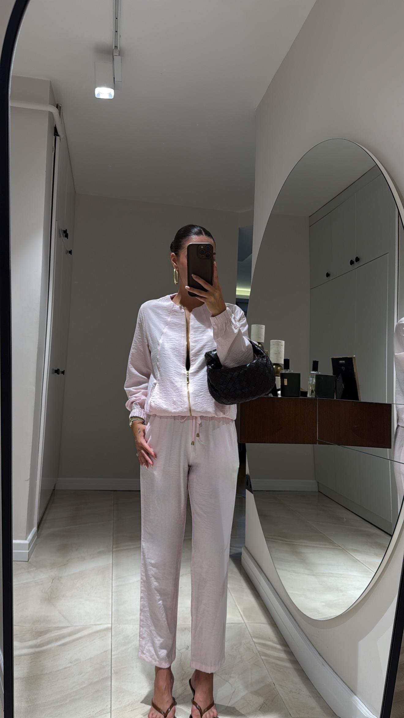 Toz Pembe Fermuarlı Ceket Pantolon Takım