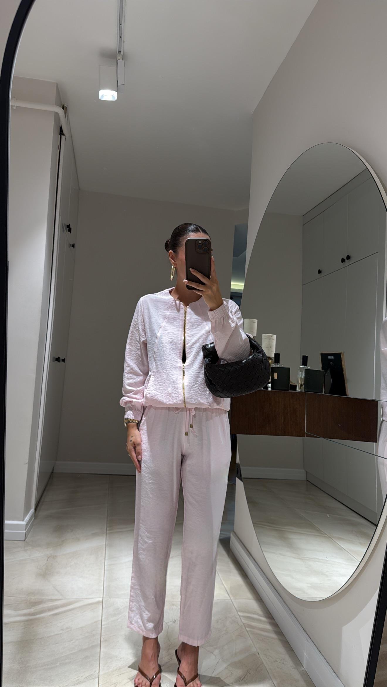 Toz Pembe Fermuarlı Ceket Pantolon Takım