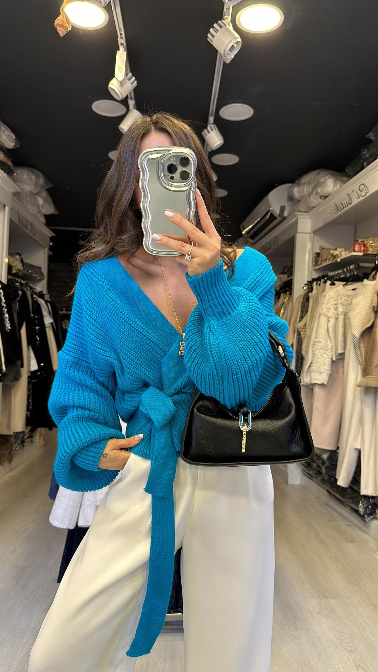 Turkuaz Bağlama Detaylı Hırka 