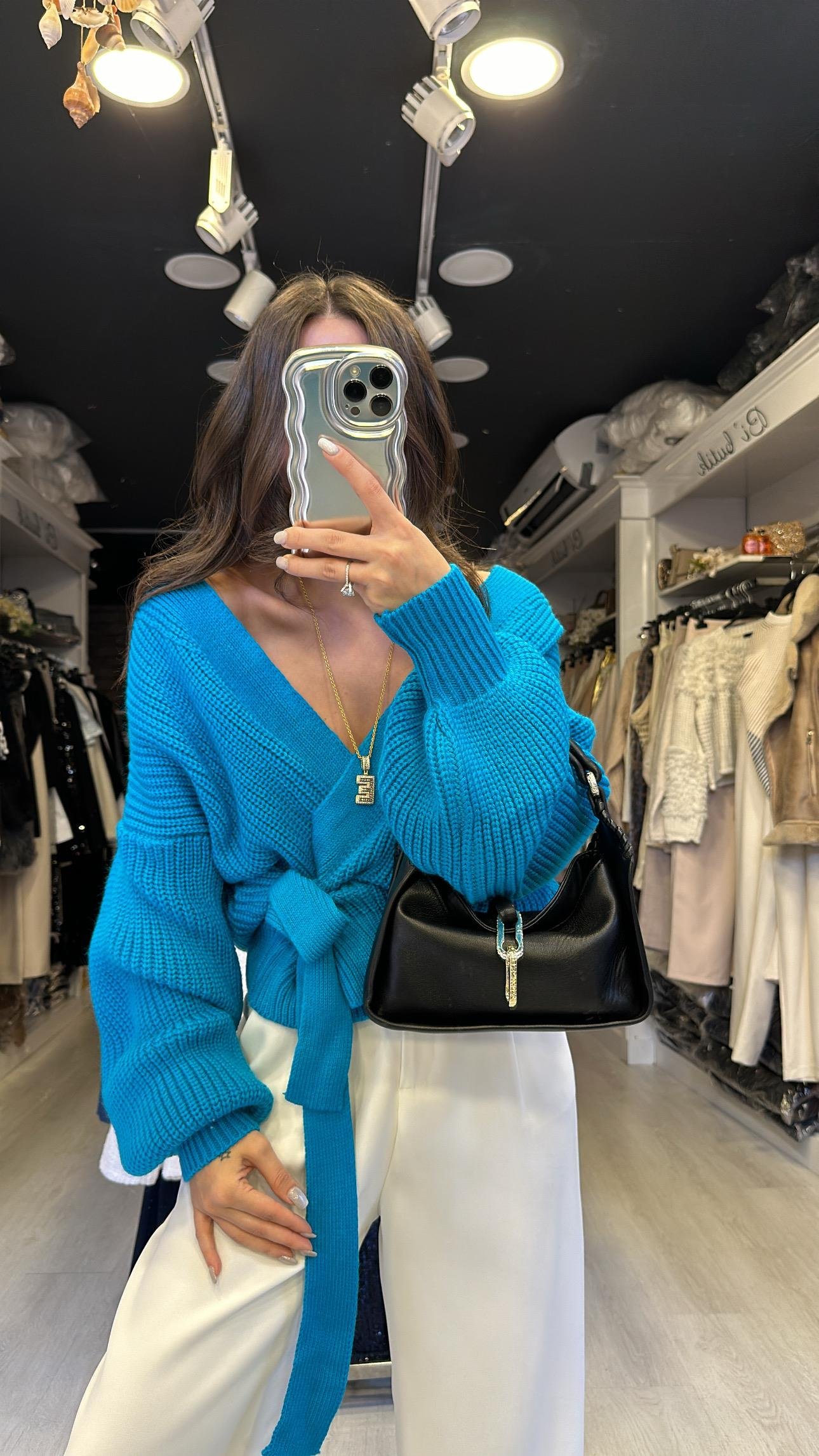 Turkuaz Bağlama Detaylı Hırka 